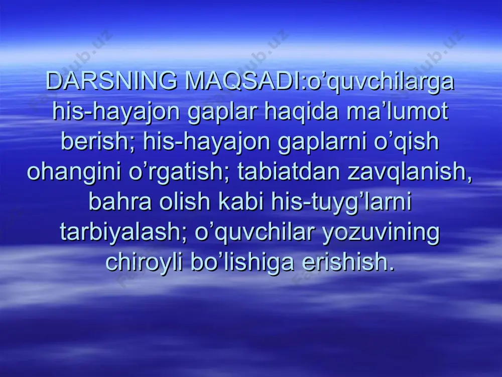 li yozuv qoidalarga rioya qilgan holda 3 tasi doskaga yoziladi. bu gaplarni yozishda husnixat qoidalariga e’tibor qaratiladi. harf unsurlarni to’g’ri qo’llab, qo’llarni uzmasdan chiroyli yozish, tinish belgilarini gap oxirida to’g’ri qo’yishga erishish. 5. darslik bilan ishlash. 91-mashq. mashqdagi matn o’qiladi. matnda qanday gaplar borligi aniqlanadi. (darak gap, his-hayajon gap.) ajratilgan gaplarni doskadan his-hayajon bilan o’qish mashq qilinadi. o’qilgan gapdan sevinch, shodlik, hayajon sezilishi kerar: eh, muzdek suvda cho’milish qanday rohat! oromgohda dam olish naqadar yoqimli! o’quvchilar bilan savol-javob o’tkazish orqali undov gap haqidagi tushunchalar kengaytiriladi: -bolalar yoz fasli sizga yoqadimi? -nima uchun? -oromgohlarda dam olganmisiz? -u yerda nima qilasizlar? -cho’milish sizga yoqadimi? tasavvur qiling, kun juda issiq. tog’dan sharqirab muzdek, tiniq suv oqib keladi, siz o’zingizni suvga otdingiz, shu payt nima degan bo’lar edingiz? -oh, muzdek suv maza! -o’zingizda nimani his qildingiz? -xursandlik, sevinch,rohat, huzur, shodlik hislari bo’ldimi? (ha) ana shunday kuchli hayajon, shodlik,sevinch bilan aytilgan gap qanday gap deyiladi?u …