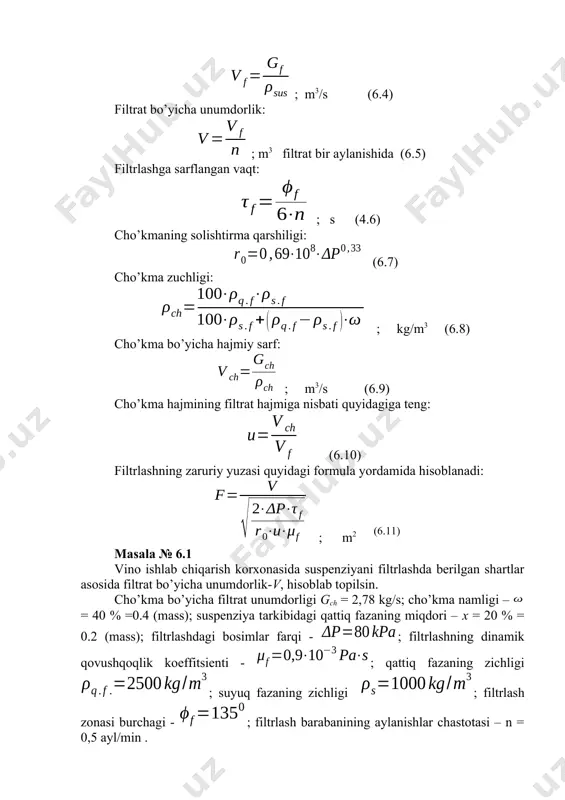; m3 filtrat bir aylanishida (6.5) filtrlashga sarflangan vaqt: ; s (4.6) cho’kmaning solishtirma qarshiligi: (6.7) cho’kma zuchligi: ; kg/m3 (6.8) cho’kma bo’yicha hajmiy sarf: ; m3/s (6.9) cho’kma hajmining filtrat hajmiga nisbati quyidagiga teng: (6.10) filtrlashning zaruriy yuzasi quyidagi formula yordamida hisoblanadi: ; m2 (6.11) masala № 6.1 vino ishlab chiqarish korxonasida suspenziyani filtrlashda berilgan shartlar asosida filtrat bo’yicha unumdorlik-v, hisoblab topilsin. cho’kma bo’yicha filtrat unumdorligi gch = 2,78 kg/s; cho’kma namligi – = 40 % =0.4 (mass); suspenziya tarkibidagi qattiq fazaning miqdori – x = 20 % = 0.2 (mass); filtrlashdagi bosimlar farqi - ; filtrlashning dinamik qovushqoqlik koeffitsienti - ; qattiq fazaning zichligi ; suyuq fazaning zichligi ; filtrlash zonasi burchagi - ; filtrlash barabanining aylanishlar chastotasi – n = 0,5 ayl/min . oleobject3.bin image4.wmf oleobject4.bin image5.wmf oleobject5.bin image6.wmf oleobject6.bin image7.wmf oleobject7.bin image8.wmf oleobject8.bin image9.wmf oleobject9.bin image10.wmf oleobject10.bin image11.wmf oleobject11.bin image12.wmf oleobject12.bin image13.wmf oleobject13.bin image14.wmf oleobject14.bin image15.wmf …