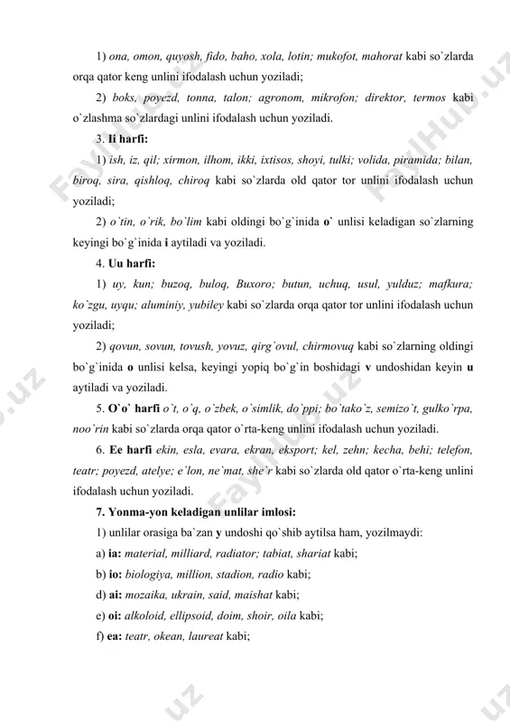 mlosi 8. bb harfi: 1) bobo, bahor, bir, majbur, zarb kabi so`zlarda jarangli portlovchi lab undoshini ifodalash uchun yoziladi; 2) kitob, yuzlab, kelib kabi so`zlar oxirida p aytilsa ham, b yoziladi; 3) qibla, tobla kabi so`zlarda ba`zan v aytilsa ham, b yoziladi. 9. pp harfi paxta, pichoq, opa, tepa, tup, yop kabi so`zlarda jarangsiz portlovchi lab undoshini ifodalash uchun yoziladi. 10. vv harfi: 1) ov, suv, kuyov; ovoz, savol; volida, vatan kabi so`zlarda ovozdor sirg`aluvchi lab undoshini ifodalash uchun yoziladi; 2) avtobus, avtomat kabi o`zlashma so`zlarda v ba`zan f aytilsa ham, v yoziladi. 11. ff harfi: 1) fan, fe`l, futbol, fizika; asfalt, juft; insof, isrof kabi so`zlarda jarangsiz sirg`aluvchi lab undoshini ifodalash uchun yoziladi; 2) fasl, fayz, fotima, fursat kabi so`zlarda f tovushi ba`zan p aytilsa ham, asliga muvofiq f yoziladi. 12. mm harfi moy, muborak, tomon, ilhom kabi so`zlarda ovozdor lab-lab burun undoshini ifodalash uchun yoziladi. 13. dd harfi: …