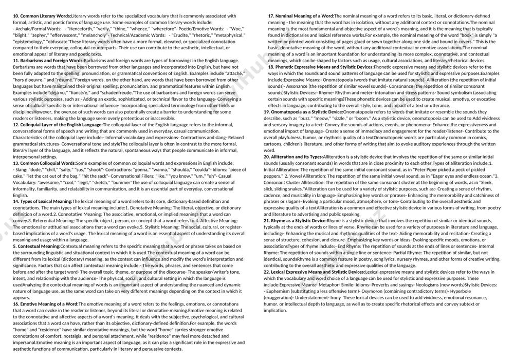 dividual words or phrases, rather than at the broader structural or grammatical level.the key features of hyperbole as a lexical stylistic device are: 1. exaggeration: - hyperbole involves deliberately exaggerating or overstating a quality, quantity, or characteristic. - this exaggeration goes beyond the normal or literal meaning of the words used.2. emphasis and effect: - hyperbole is used to draw attention to a particular idea, emotion, or impression. - the exaggeration serves to heighten the impact, significance, or memorability of the statement.3. rhetorical purpose: - hyperbole is often used for rhetorical or persuasive purposes, such as to emphasize a point, evoke an emotional response, or create a vivid mental image. - it can be used in various genres, including literature, poetry, speeches, and everyday language.examples of hyperbole as a lexical stylistic device include:- "i'm so hungry i could eat a horse."- "the traffic on the highway was a nightmare."- "she …