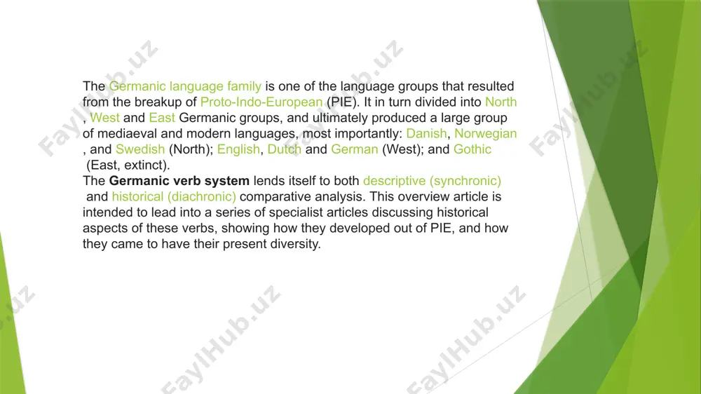 ą 'to do') that is in a category of its own, based on an indo-european "athematic" form, and having a "weak" preterite but a "strong" passive participle. strong verbs[edit] main article: germanic strong verb strong (or vocalic) verbs display vowel gradation or ablaut, that is, the past tense is marked by a change in the vowel in the stem syllable. examples include: modern english: fall – fell – fallen sing – sang – sung old high german: fallan – fiall – fiallun – (gi)fallan (to fall) heizan – hiaz – hiazun – (gi)heizan (to be called) in the older languages, these verbs may also be reduplicating, that is, the past tense forms add a prefix with the same consonant as the first consonant of the stem syllable. an example in gothic is lētan – laílōt – laílōtum – lētans (to have). in proto-germanic, consonant alternations known as grammatischer wechsel developed, …