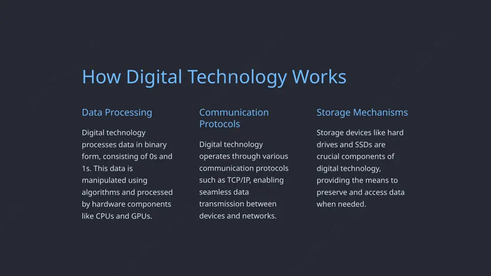 logy drive novel solutions and improvements across industries. 5 disadvantages of digital technology cybersecurity risks the digital landscape is susceptible to data breaches, identity theft, and cyberattacks. technological dependence overreliance on digital tools and systems may lead to reduced critical thinking and problem-solving skills. digital divide unequal access to digital resources creates disparities in education and economic opportunities. 6 current trends in digital technology 5g networks ultra-fast connectivity 5g technology enables rapid data transmission and supports emerging applications like iot and ar/vr. big data analytics insightful data processing advanced analytical tools harness large datasets to extract valuable insights for business and research. 7 future of digital technology artificial intelligence expansion into various sectors, enhancing automation and decision-making capabilities. blockchain technology revolutionizing security, transparency, and trust in financial transactions and data management. quantum computing potential for solving complex problems and accelerating scientific discoveries. 8 ethical considerations in digital technology data privacy …