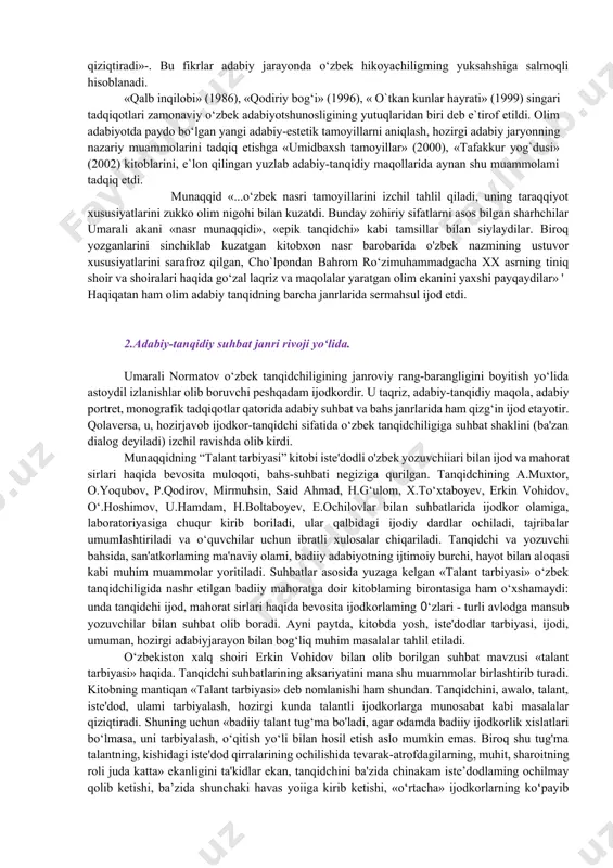 fatida qatnashdi; uning ishtirokida oliy oʻquv yurtlari uchun “xx asr oʻzbek adabiyoti tarixi”, “yangi oʻzbek adabiyoti” kitoblari yaratildi. u. normatovning adabiyotshunoslik, taʼlim-tarbiya sohasidagi xizmatlari munosib taqdirlangan. u oʻzbekiston respublikasi fan arbobi (1981), oʻzbekiston davlat mukofoti laureati (1989); oʻzbekiston respublikasi xalq maorifi aʼlochisi nishoni (1992), “toshdu mohir pedagogi”(1998) unvoni sohibi. adabiy-tanqidiy maqolalari uchun “sharq yulduzi”, “guliston”, “said ahmad», «shuhrat», «talant tarbiyasi», «yetuklik» (1982), «aql va qalb chirog‘i» (1983), «davr tuyg'usi» (1987) singan monografiya va adabiy portretlari o'zbek adabiy tanqidchiligi taraqqiyotida muhim iz qoldirdi. xususan, «nasrimiz ufqlari» (1974) degan salmoqh monografiyasida 60-70-yillar hikoyachiligi, qissachihgi va romanchiligi masalalarining muhim qirralari tadqiq qilindi. jumladan, «hikoyada hayot nafasi» maqolasida hikoyachiligimizning taraqqiyot tarixiga nazar tashlanadi; o‘zbek hikoyachiligidagi dalillash san'ati, muallifning ichki dunyosi, yangi qahramon va hikoyadagi yangilamsh jarayonlan, umuman, janriy takomili haqida muhim ilmiy fikrlar, umumlashma xulosalar ilgari suriladi. ayniqsa, dalillash san'ati bilan bog liq badny mahorat sirlarini o‘rganishga alohida e'tibor berildi. shu maqsadda a.qahhor, said …