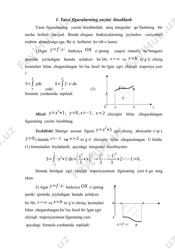 yordamida topiladi: (3) misol: va chiziqlar bilan chegaralangan figuraning yuzini y hisoblang. yechilishi: berilganlarga hamda chizmalarga asosan barcha lar 0 x uchun va barcha lar uchun dir. u holda, (3) formulaga asosa: 4) agar figura kesmada ikkita uzluksiz va funksiyalar, hamda to`g`ri chiziqlar bilan chegaralangan bo`lsa, uning yuzi quyidagi formula yordamida hisoblanadi: (4) bunda va dir. y misol: va chiziqlar bilan chegaralangan figuraning yuzini toping. yechilishi: integrallash chegaralarini, ya`ni va ni berilgan chiziq 0 a b x tenglamalarini o`zaro tenglashtirib, topamiz: bundan, yani u holda, (4) formulaga asosan: demak, izlanayotgan figuraning yuzasi dan iborat ekan. quyida ba`zi egri chiziqli figuralarning yuzalarini topish formulalarni qaraymiz. ellipsning yuzi ma`lumki, ellipsning tenglamasi (5) dan iborat. ellipsni 4 ta chorakka ajratib, uning bir bo`lagi, ya`ni ni topish yetarlidir. (5) ga asosan . (6) (1) formulaga asosan quyidagi almashtirishlar olamiz: u holda, integralning yangi chegaralarini aniqlaymiz: va lardan va bulardan , demak, bundan, (7) ellips …