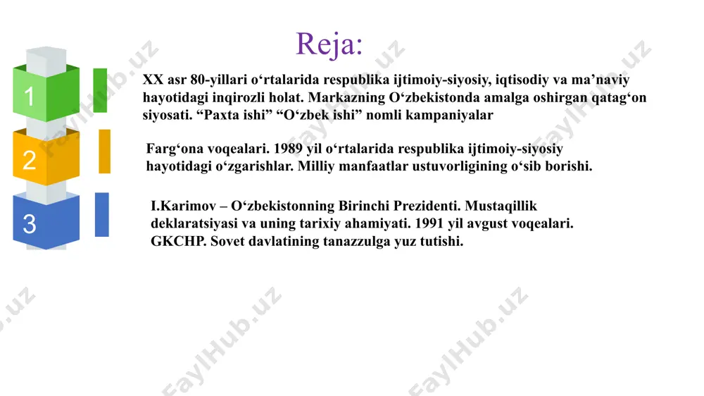 hbariyatida iroda, qat’iy jur’at, sovet ittifoqi doirasida respublika tutgan mavqeini ochiq-oydin aytib o’tish uchun mardlik yetishmadi. bu rahbarlar markaz topshiriqlarini tezroq “uddalash”, respublikaning sssrga boqimanda ekanligi to’g’risidagi uydirmalarni takrorlashdan nariga o’tishmadi. www.presentationgo.com by: .com © presentationgo.com © copyright presentationgo.com – the free powerpoint template library 4 rafiq nishonov (1988-1989) paxta ishi – sovet rejimining o’zbekistondagi so’nggi qatag’on siyosati o’zbekiston ssrning ijtimoiy-siyosiy hayotida 1984-yil 23-iyunda bo’lgan o’zbekiston kompartiyasi markaziy komitetining xvi plenumi mash’um rol oynadi. moskva tashabbusi va ko’rsatmasi bilan tashkil qilingan bu plenumda qabul qilingan hujjatlar o’zbekistonda o’zbek xalqini asossiz badnom qilish kompaniyasini boshlab berdi. plenumda moskvadan maxsus yuborilgan kpss mk sekretari y.k.ligachev va boshqalar qatnashib, kreml ko’rsatmalari izchillik bilan bajarilishini talab qilishgan. aynan ushbu plenum qarorlari bilan markaz tomonidan o’zbekistonda “paxta ishi” deb atalgan siyosiy qatag’on boshlandi. keyinchalik bu qatag;on hatto o’zbekiston ssrning o’sha paytdagi sobiq va birinchi rahbarlarini ham chetlab o’tmadi. sssr bosh pokurori huzurida alohida muhim ishlar …