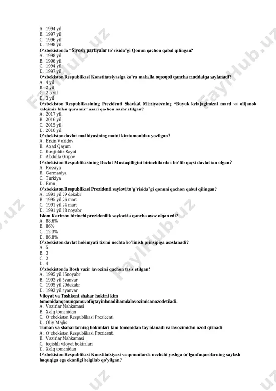 anbeda b. toshkentda d alma-atada sovet ittifoqi tarkibidan 1990-yil mart – may oylarida qaysi davlatlar chiqib ketdi. a. litva, latviya ,estoniya b. armaniston, ozarbayjon, gruziya c. moldova, litva, gruziya d. estoniya, ukraina, belorussiya kpss siyosiy partiya sifatida qachon o‘z faoliyatini to‘xtatdi. a. 1992-yil 29 avgustda b. 1991-yil 29-avgustda c. 1990-yil28 avgustda d. 1993-yil 1-sentabrda islom karimov “yuksak maʼnaviyat-engilmas kuch” asarida 1991 yil 31 avgust sanasida qoʼlga kiritilgan milliy mustaqillikka qanday baho beradi? a. buyuk tarixiy ahamiyatga ega boʼlgan siyosiy va iqtisodiy ozodlik b. xalq xoxish va irodasining yorqin ifodasi c. xx asrda xalqimiz tomonidan amalga oshirilgan buyuk maʼnaviy jasorat d. xx asrning eng katta tarixiy jahonshumul voqeasi o‘zbekiston respublikasining birinchi prezidenti islom karimovning “o’zbekistonning o’z istiqlol va taraqqiyot yo’li” asari qachon nashr etilgan? a. 1993 yil b. 1995 yil c. 1992 yil d. 1994 yil o‘zbekiston respublikasining birinchi prezidenti islom karimovning “o’zbekiston bozor munosabotlariga o’tishning o’zga hos yo’li” asari qachon …