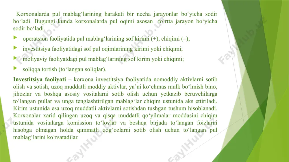 onerlar, yuridik va jismoniy shaxslarning pay va boshqa badallari, shuningdek, kreditlar va qonunchilikka zid bo‘lmagan boshqa tushumlar hisoblanadi. korxonaning o‘z mablag‘larini shakllantirish asosiy manbayi bo‘lib uning mulkdorlari tomonidan korxonaga qo‘yilgan mablag‘lar majmui bo‘lgan ustav kapitali hisoblanadi. ustav kapitalini shakllantirish tartibi qonunchilik va ta’sis hujjatlari bilan amalga oshiriladi. chunonchi, davlat korxonalarining ustav fondi korxona foydalanishga topshirilgan vaqtida o‘z faoliyatini amalga oshirish uchun davlat tomonidan (budjet hisobidan) ajratilgan mablag‘lar (qurilish, montaj, sozlash ishlari xarajatlari, asbob-uskunalar, aylanma mablag‘lar va pul mablag‘lari qiymati) ni aks ettiradi. xususiy kapital hisobi o‘z ichiga bir qancha ko‘rsatkichlarni olib, ular quyidagi tartibda tashkil etiladi: ustav kapitali. qo‘shilgan kapital. rezerv kapitali. taqsimlanmagan foyda. xususiy kapital bilan qoplanmagan zarar. korxonalar amalda qo‘llanilayotgan qonunlarga ko‘ra har yili erishgan foydasidan rezervlar tashkil etishlari mumkin. unga har yili ustavda ko‘rsatilgan tartibda mablag‘ chegirilib boriladi. tashkil etilgan fond esa quyidagi maqsadlar uchun sarflanadi: 1. ko‘rilgan zararlarni qoplash uchun. 2. korxona hisobot yilida foyda olmagan …