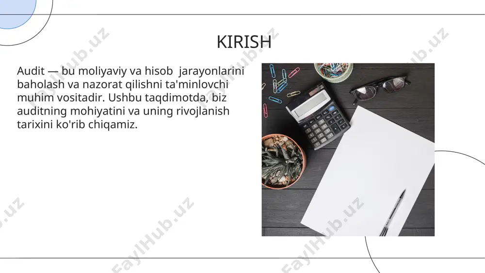 nish samaralidir. texnologiya va audit zamonaviy audit sohasining maqsad va uslubiyati xx asr boshlarida deyarli nom a’lum bo'lgan bolsada, uzoq tarix davomida tijorat va davlat moliyasini boshqarish jarayonida auditning u yoki bu ko‘rinishi mavjud bo'lgan. auditning rivojlanishi davom etmoqda. globalizatsiya va raqobat audit jarayonlariga yangi talablar qo'yadi. auditning rivojlanishi kelajakda audit jarayonlari yanada samarali va innovatsion bo'lishi kutilmoqda. sun'iy intellekt va ma'lumotlar tahlili auditorlik faoliyatini o'zgartiradi. kelajakdagi audit auditning mohiyati va rivojlanish tarixi bizga moliya va hisob jarayonlarini yaxshilashda muhim ahamiyatga ega ekanligini ko'rsatadi. ushbu jarayonlar ishonch va samaradorlikni ta'minlaydi. xulosa