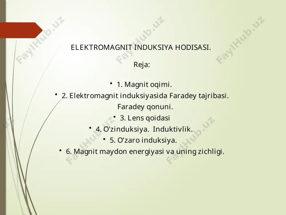 a ko`chgan vaqtda paydo bo`ladi xolos. magnitning solenoidga nisbatan harakati yoki solenoidning magnitga nisbatan xarakati to`xtashi bilan solenoid yaqinidagi magnit maydon o`zgarmas bo`lib qoladi va solenoiddan tok o`tmaydi. ikkinchi tajribadagi hodisa ham birinchidagiga o`xshashdir - bunda o`zgaruvchan magnit maydonni s solenoidda hosil bo`lgan yoki yo`qolayotgan tok hosil qiladi. ikkala holda ham o`tkazgich konturi yaqinidagi magnit maydonning kattaligi o`zgaradi, demak, kontur bilan chegaralangan sirt orqali o`tuvchi magnit induksiya oqimi ham o`zgaradi. 3. peterburg universitetining professori lens induksion tokning yo`nalishi uchun quyidagi qoidani topdi: berk konturda hosil bo`lgan tok shunday yo`nalganki, bu tok kontur bilan chegaralangan yuz orqali o`tuvchi va uning o`zini hosil qiluvchi magnit oqimi induksiyasining o`zgarishini kompensatsiyalovchi xususiy magnit induksiya oqimini yaratadi faradey qonuni: berk o’tkazuvchan kontur orqali o’rab olingan magnit induksiya oqimining o’zgarish sababi qanday bo’lishidan qat’iy nazar, konturda yuzaga keladigan e.yu.k. quyidagiga tengdir: bu tenglikdagi manfiy ishoraning ma`nosi quyidagicha: induksiya oqimining ortishi (dф/dt>0) konturni aylanib chiqishdagi manfiy yo`nalish …