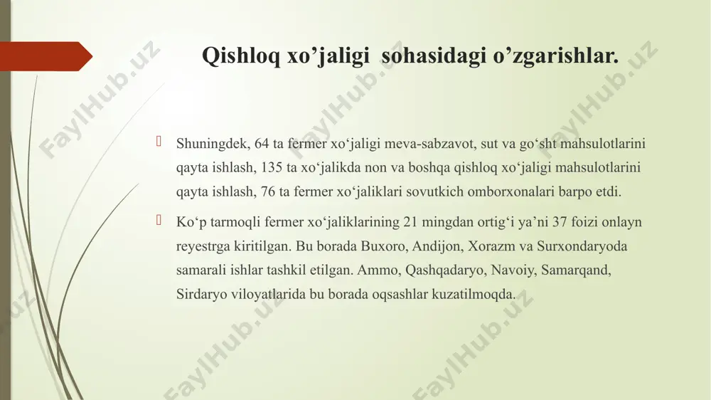 ildi. sanoat sohasidagi o’zgarishlar. jamiyat tarkibiga kiradigan eksportchi korxonalar soni 260 dan oshdi, eksport qilayotgan mahsulotlar tarkibiga bambukli, modal va aralash kalava, jakkard va ringel mato, tayyor tikuvchilik-trikotaj buyumlari kiritildi. o‘tgan yil yakunlariga ko‘ra, umumiy eksport hajmida yuqori qo‘shimcha qiymatga ega tovarlar ulushi 32,2 foizni tashkil qildi va bu ko‘rsatkich muntazam o‘smoqda. sanoat sohasidagi o’zgarishlar. ayni paytda o‘zbekistonda tayyorlanayotgan to‘qimachilik mahsulotlari yevropa ittifoqi, xitoy, rossiya, turkiya, qozog‘iston kabi dunyoning 50 dan ortiq davlatiga eksport qilinmoqda. tashqi savdo bozorlarini diversifikatsiya qilish, eksport qilinadigan tovarlar turini kengaytirish maqsadida soha korxonalari xalqaro ixtisoslashtirilgan ko‘rgazma-yarmarkalarda faol ishtirok etayotir. sanoat sohasidagi o’zgarishlar. o‘zlashtirilgan investitsiyalar hajmi ham o‘zbekiston yengil sanoatining yuksak salohiyatga ega ekanidan dalolat beradi. 1995 yildan buyon sohaga qiymati 2 milliard aqsh dollaridan ortiq chet el investitsiyasi jalb etildi. so‘nggi yillarda germaniya, shveytsariya, italiya, janubiy koreya, yaponiya, turkiya, aqsh, hindiston va boshqa mamlakatlar sarmoyadorlari ishtirokida 200 dan ortiq loyiha amalga oshirildi. barcha turdagi to‘qimachilik …