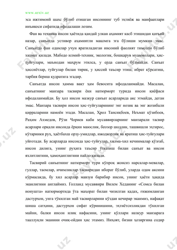 бўлган барча нарсаларни, воқеа-ҳодисаларни акс эттириб, ҳиссий туйғу келтириб чиқаради. санъат инсонни бевосита акс эттирмасада, биро нарсага инсон муносабатини фаол ифодалайди, бирор нарсани инсон мезони билан баҳолайди. баҳолашда эса ҳамиша инсон моҳиятини англашга қаратилган билиш ҳолати мавжуддир. санъат нарсаларда, табиат ҳодисаларида инсон учун аҳамиятли бўлган маъно излайди, қидириб топади ва ишга солади. санъат воқеликнинг ҳар қандай ҳодисасида ижтимоий маъно пайдо қилади. санъатнинг ижтимоий ҳаётда тутган ўрнини белгилаш кўп жиҳатлардан унинг мафкуравий табиатини англаш билан боғлиқ. аммо санъатни мафкурадан бутунлай ажратиб мушоҳада этмаслик ҳамда санъат билан мафкурани бир-бирига қориштириб юбормаслик лозим. санъат ҳам, мафкура ҳам тарихий ҳодиса, лекин санъат мафкурадан олдин вужудга келган. мафкура эса қарама-қарши ижтимоий гуруҳлар қарашлари натижасида қарор топади. шу боис ижтимоий гуруҳлар мафкурани ўзларининг қарашлари ифодаси сифатида таърифлайдилар. зеро, мафкура у ёки бу ижтимоий гуруҳ фаолиятининг мақсад-йўналишларини назарий асослаб, мазкур мақсадларини амалга ошириш йўлларини белгилаб беради. у ижтимоий гуруҳларнинг аниқ йўналишига мўлжалланган хатти-ҳаракатлари ва ҳулқ-атворлари дастурини ишлаб …