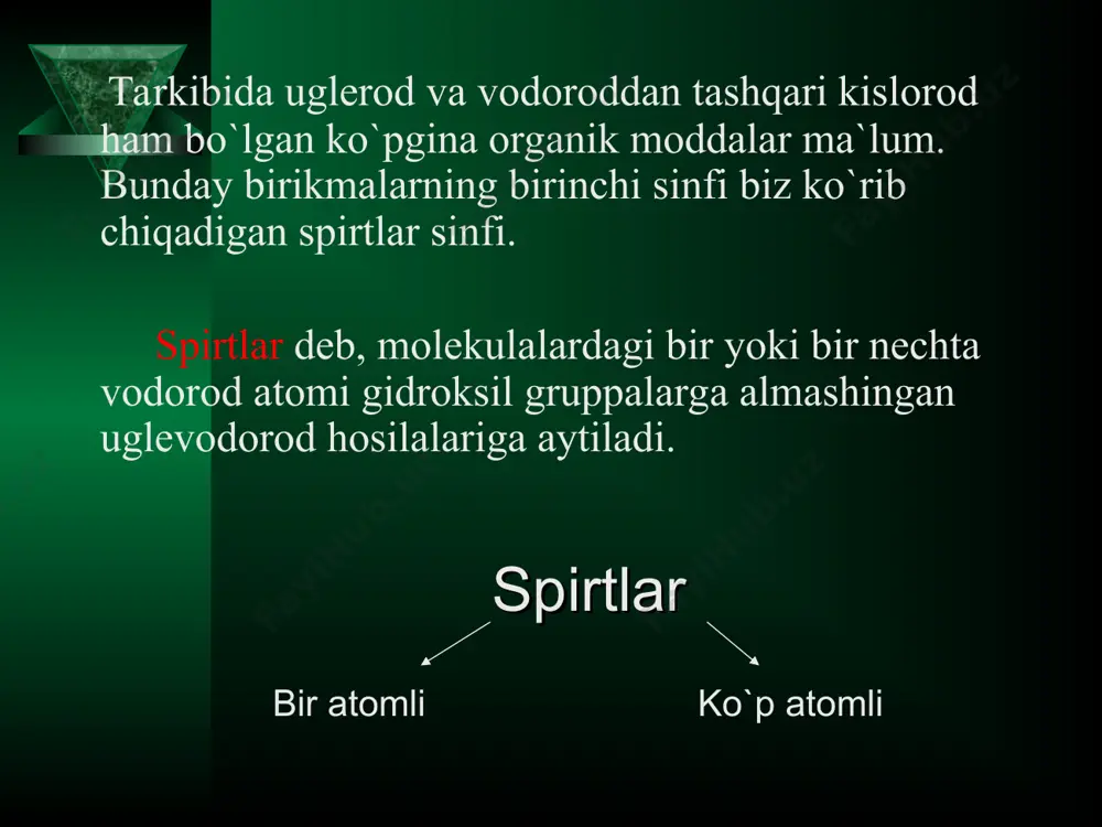 ch2 – ch2 + 2kcl + 2koh(suv) cl cl oh oh kimyoviy xossalari 2) сh2 oh ch2 o na + 2na + h2 ch2 oh ch2 o na 3) ch2 o h h o ch2 o cu ch o h + cu ch o +2h2o ch2 o h h o ch2 oh ch2 oh h o no2 ch2 o no2 ch oh + h o no2 ch o no2 + 3h2o ch2 oh h o no2 ch2 o no2 * ishlatilishi. etilenglikol antifrizlar – qish paytlarda avtomobillarning radiatorlariga solinadigan muzlamaydigan suyuqliklar tayyorlashda ishlatiladi. etilenglikol shuningdek, ba`zi bir organik moddalarni sintez qilishda qo`llaniladi. masalan, undan yuqori molekulali modda – muhim ahamiyatga ega bo`lgan sintetik tola – lavsanni sintez qilishda foydalaniladi. etilenglikol shuningdek, portlovchi moddalar ishlab chiqarishda ham ishlatiladi. glitserin – nitroglitserin va dinamit olish uchun ishlatiladi, bundan tashqari glitserin parfumeriyada va meditsinada (terini yumshatuvchi yog` upalar, tayyorlashda) , teri sanoatida (terilarni …