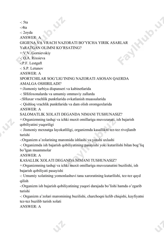 ganizm a’zolarining maromida ishlashi va yaxshi uxlashi -: organizmda ish bajarish qobiliyatining pasayishi yoki kutarilishi bilan bog’liq bo’lgan muammolar answer: a kasallik xolati deganda nimani tushunasiz? +:organizmning tashqi va ichki muxit omillariga muvozanatini buzilishi, ish bajarish qobiliyati pasayishi -: umumiy xolatining yomonlashuvi tana xaroratining kutarilishi, tez-tez qayd qilish -:organizm ish bajarish qobiliyatining yuqori darajada bo’lishi hamda o’zgarib turishi -: organizm a’zolari maromining buzilishi, charchoqni kelib chiqishi, kayfiyatni tez-tez buzilib turish xolati answer: a kasalliklarni umumiy moxiyati, rivojlanish konuniyatlarini o’rganadigan fanni ko’rsating? +:patologiya -: gistologiya -:fiziologiya -: embriologiya answer: a patologiya qismlari to’g’ri ko’rsatilgan qatorni aniqlang? +:patologik anatomiya, patologik fiziologiya, patologik gistologiya -: xususiy patologiya, patologik fiziologiya, patologik gistologiya -:umumiy patologiya, patologik fiziologiya, patologik gistologiya -: patologik fiziologiya, patologik gistologiya, umumiy gematologiya answer: a kasalliklarni kelib chiqish sabablariga nima deyiladi? +:etiologiya -: patologiya -:gistologiya -: patogenez answer: a patologik jarayonlarni xosil bo’lishi va rivojlaninish mexanizmi: +:patogenez -: gistologiya -:etiologiya -: patologiya …