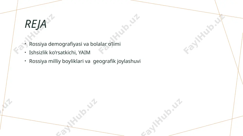 demografik muammolarni kuchaytiradi. bu, o'z navbatida, iqtisodiy barqarorlikka tahdid soladi. rossiyada ishsizlik ko'rsatkichlari: tarixiy va zamonaviy tendensiyalar. 01 tarixiy ko'rsatkichlar rossiyada ishsizlik ko'rsatkichlari 1990-yillarda yuqori darajada bo'lib, iqtisodiy inqirozdan keyin 2000-yillarda sezilarli darajada pasaydi. 02 zamonaviy holat 2023-yil holatiga ko'ra, rossiyadagi ishsizlik darajasi 4.5% atrofida bo'lib, iqtisodiy barqarorlikni ko'rsatadi va yangi ish o'rinlari yaratilmoqda. 03 ijtimoiy ta'sir ishsizlik darajasining pasayishi ijtimoiy barqarorlikni oshiradi, aholi farovonligini yaxshilaydi va iqtisodiy o'sishga ijobiy ta'sir ko'rsatadi. 04 kelajak prognozi o'rta muddatda ishsizlik darajasi 4-5% oralig'ida saqlanib qolishi kutilmoqda, iqtisodiy o'sish va ish o'rinlari yaratilishi davom etmoqda. yaim va ishsizlik: iqtisodiy o'zaro bog'liqlik. rossiyada ishsizlik darajasi va yalpi ichki mahsulot (yaim) o'rtasidagi o'zaro bog'liqlik iqtisodiy o'sishni va ijtimoiy barqarorlikni belgilaydi. yuqori ishsizlik iqtisodiy faoliyatni pasaytiradi, bu esa yaimni kamayishiga olib keladi. umumiy ravishda: - ishsizlik darajasi o'sishi ijtimoiy muammolarni keltirib chiqaradi. - yaimning o'sishi yangi ish o'rinlarini yaratishga yordam beradi. - iqtisodiy barqarorlik aholi farovonligini …