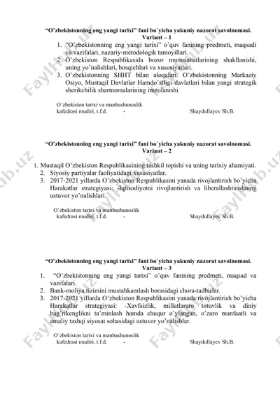 yakuniy nazorat savolnomasi “oʻzbekistonning eng yangi tarixi” (variant 1–8) — DOCX