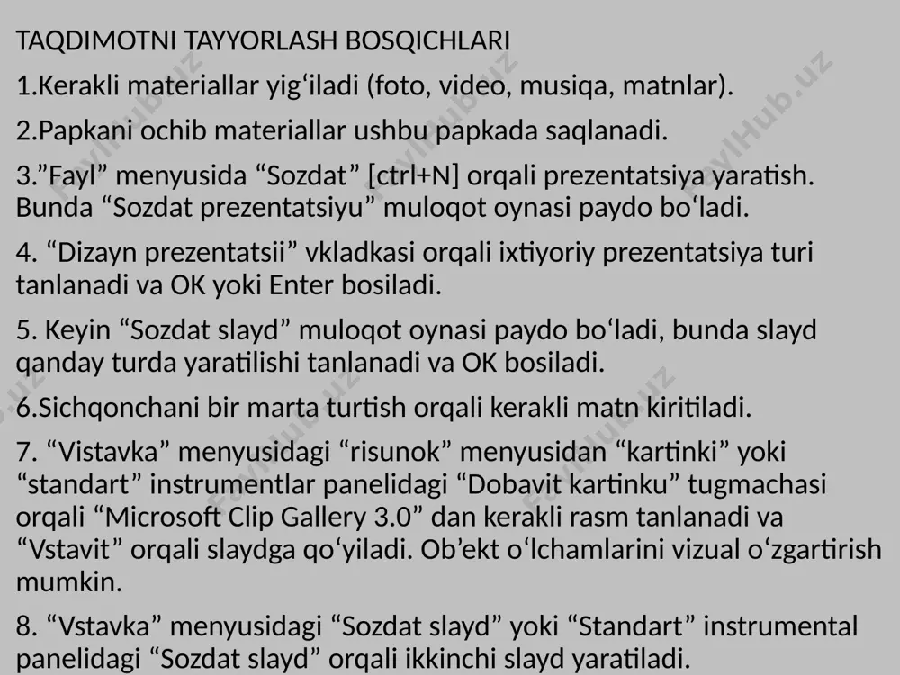 bir xil bo‘lib, bir xil amalni bajaradi. formatlash uskunalar panelida esa ms word dasturida yo‘q bo‘lgan ba’zi bir uskunalar joylashgan. quyida ana shu uskunalar va ularning bajaradigan amali to‘g‘risida to‘xtalib o‘tamiz. belgilangan sohada so‘zlarning o‘lchamini kattalashtirish. belgilangan sohadagi so‘zlarning o‘lchamini kichiklashtirish. slaydlar quruvchisi. slayd yaratish. power point dasturida yangi taqdimot yaratish uchun fayl menyusiga kiramiz va u yerdan buyrug‘ini yoki standart uskunalar panelidagi uskunani sichqonchaning chap tugmachasi yordamida tanlaymiz yoki bo‘lmasa klaviaturadagi [ctrl+n] tugmalari kombinatsiyasidan foydalanamiz. mavjud faylni ochish oldin saqlangan faylni ochish uchun “fayl” menyusiga kiramiz va u yerdan“ochish” – [ctrl+o] byrug‘ini yoki standart uskunalar panelidagi uskunani sichqonchaning chap tugmachasi bilan bir marta bosamiz. natijada faylni ochish muloqot oynasi paydo bo‘ladi. ushbu oynadan kerakli manzildan (disk yoki papkadan) faylni qidirib topamiz. shuni ham aytib o‘tish mumkinki, biror bir prezentatsiyani tanlashimiz bilan uning strukturasi qo‘shni oynada ko‘rinib turadi. demak, biror bir faylni tanlab “otkrit” – ochish tugmachasini sichqonchaning chap tugmachasi …