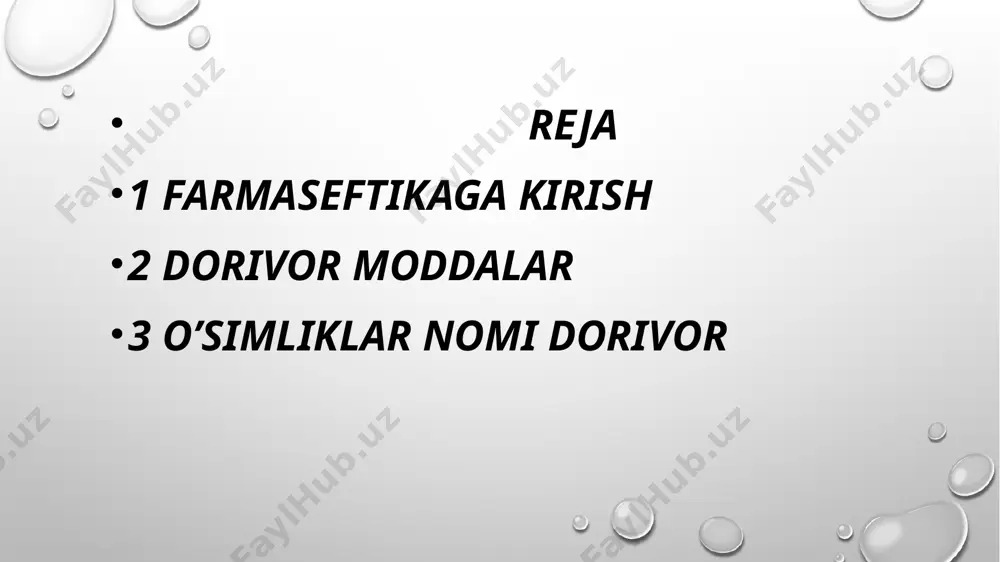 rdan tabiiy sharoitda oʻsadigan va madaniylashtirilgan 120 ga yaqin oʻsimlik turlaridan ilmiy va xalq tabobatida foydalaniladi. hozirgi davrda tibbiyotda qoʻllaniladigan dori-darmonlarning qaryib 40—47% oʻsimlik xom ashyolaridan olinadi. oʻsimliklar murakkab tuzilishiga ega boʻlgan jonli tabiiy kimyoviy laboratoriya boʻlib, oddiy noorganik moddalardan murakkab organik moddalar yoki birikmalarni yaratish qobiliyatiga ega. dorivor oʻsimliklarning quritilgan oʻti, kurtagi, ildizi, ildizpoyasi, tuganagi, piyozi, poʻstlogʻi, bargi, guli, gʻunchasi, mevasi (urʻugi), danagi, sharbati, qiyomi, toshchoyi, efir moyi va boshqalardan doridarmon tarzida foydalaniladi. dorivor oʻsimliklarni 2 xil tasniflash qabul qilingan: 1) taʼsir qiluvchi moddalarning tarkibiga qarab — alkaloidli, glikozidli, efir moyli, vitaminli va boshqalar, 2) farmakologik koʻrsatkichlariga qarab — tinchlantiruvchi, ogʻriqqoldiruvchi, uxlatuvchi, yurak-tomir tizimiga taʼsir qiluvchi, marka-ziy nerv sistemasini qoʻzgʻatuvchi, qon bosimini pasaytiruvchi va boshqalar. dorivor oʻsimliklarning taʼsir etuvchi moddalari alkaloidlar, turli glikozidlar (antraglikozidlar, yurakka taʼsir etuvchi glikozidlar, saponinlar va boshqalar), flavonoidlar, kumarinlar, oshlovchi va shilliq moddalar, efir moylari, vitaminlar, boʻyoq moddalar, fermentlar, fitonsidlar, kraxmal, oqsillar, polisaharidlar, azotli moddalar, …