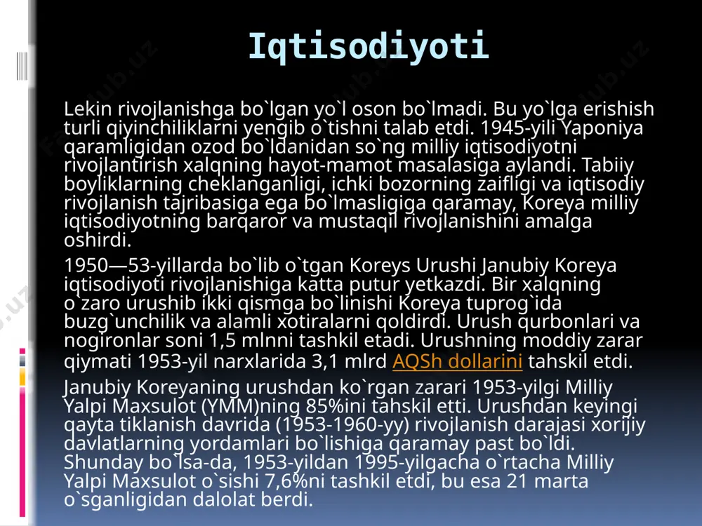 dentga qarshi ovozlarini boykot qiladi. bu holat mamalakatda parlament saylovlarining muddatdan avval o’tkazilishiga sabab bo’ladi va 2004-yil 15-aprelda saylovlar o’tkaziladi. saylov natijalariga ko’ra uri partiyasi parlamentdagi 299 o’rindan 152 o’rinni egallaydi. 18 yil deganda parlamentda bir partiya ko’pchilik mandatni egallaydi. ammo 2005-yilda o’tkazilgan saylovlarda uri partiyasi parlamentddagi ko’pchilik mandatini yo’qotadi. 2008-yilda o’tkazilgan saylov natijalariga ko’ra seul shahrining sobiq hokimi li myon bak prezident etib saylanadi. janubiy koreyada dunyodagi xotira chiplarining 45%i ishlab chiqariladi. janubiy koreyaning elektronika va mashinasozlik shirkatlari jahonda yetakchi o’rinlardadir; ular qatoriga lg, samsung va boshqalar kiradi. butun dunyodagi lcd monitorlarning 50%i aynan janubiy koreyada tayyorlanadi. samsung va lg mobil telefon ishlab chiqaruvchilari orasida dunyoda yetakchi shirkatlardandir. janubiy koreya aholisi elektronikadan eng ko’p foydalanuvchi xalqlar qatoriga kiradi. internetdan foydalanuvchilarning foiz nisbatdagi soniga ko’ra birinchi o’rinda turadi. 2020-yilgacha har bir koreys xonadonida kamida bitta robot bo’lishi rejalashtirilgan. bu reja orqali koreya aholisining keksayishi va shu tufayli ishchi kuchi hamda …