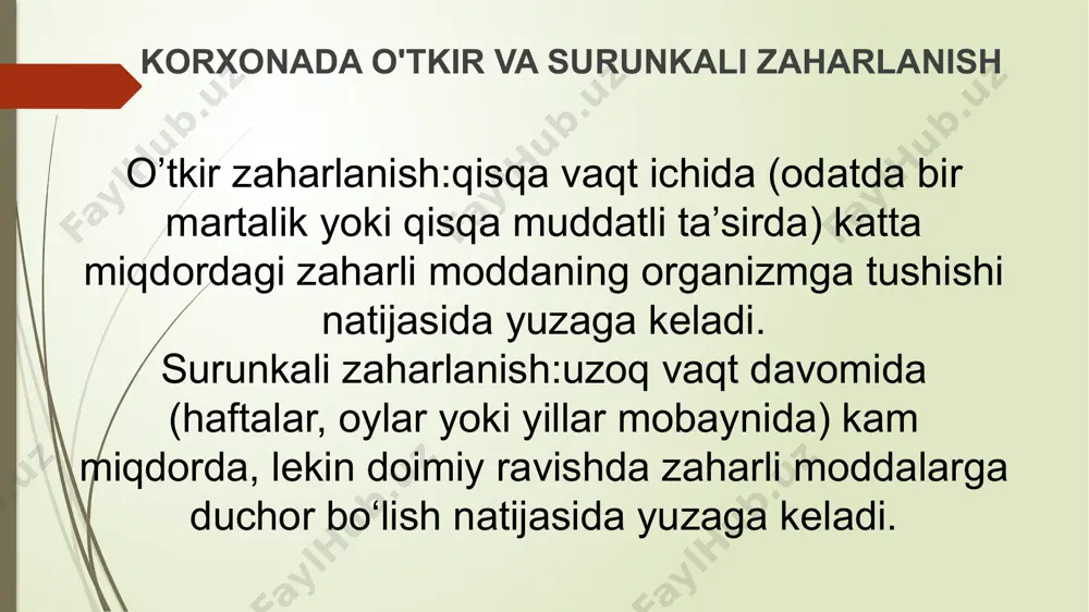 in bilan ishlaganda gaz niqobdan foydalanish tavsiya qilinadi. benzoldan zaharlanish. benzol c,h, - xushbo'y suyuqlik. qaynash darajasi 76,6°c. uy haroratida parchalanadi, bug'i havodan 3 marta og'ir. sanoatda benzol yog'larni, loklarni, bo'yoqlarni, kauchukni eritish uchun ishlatiladi. o'tkir zaharlanish sanoatda kam uchraydi, bunda bosh og'rishi va aylanishi, bezovtalik, uzoq uxlash alomatlari, mushaklar tortishishi, hushni yo'qotish, taxikardiya, qon bosimining pasayishi kuzatiladi. surunkali kasallikda yog'ga boy nerv hujayralari, qon ishlab chiquvchi a'zolar shikastlanadi, milklardan, burundan qon oqadi. qonda oldin leykotsitoz, keyin leykopeniya, eritropeniya, gemoglobin kamayishi tufayli qon ivishi keskin kamayadi. surunkali zaharlangan odamlarda tashqi muhitning salbiy ta'siriga chidamliligi pasayadi va teriga tariqdek-tariqdek toshmalar toshadi. zaharlanishdan saqlanish uchun benzol o'rniga kam zaharli toluol, etil spirti ishlatish kerak. buning iloji bo'imasa, joylarni zich berkitish, havo so'rgich o'rnatish tavsiya qilinadi. e'tiboringiz uchun rahmat