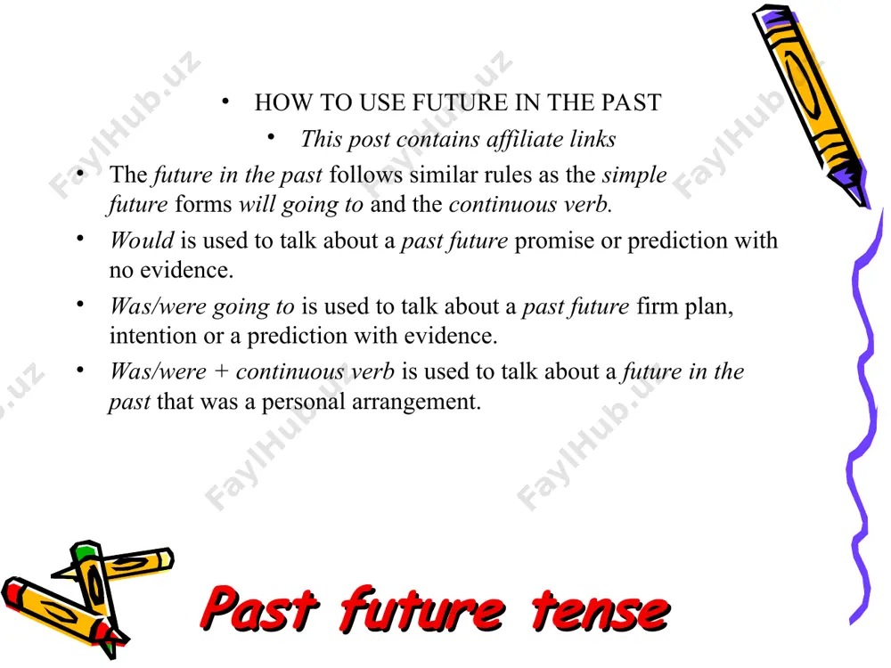 at which a particular event was still in the future, even though now, at the moment of speaking, it is past. this particular combination frequently makes use of the semi-modal expression be going to since this is readily marked for the past. it is frequently used where some anticipated event does not occur or an expectation is canceled. consider these examples: i was going to tell him, but he didn't give me a chance. i thought we were going to eat out tonight. she was going to qualify next year, but now it will take longer." . past future use of the past progressive "when an 'arranged-future-in-the-past' (or rather 'arranged-future-from-the-past,' as it is a future relative to the time of a past arrangement) concerns a personal arrangement, we normally use the progressive form of the past tense. this parallels the use of the present progressive for arranged post-present situations. [mary …