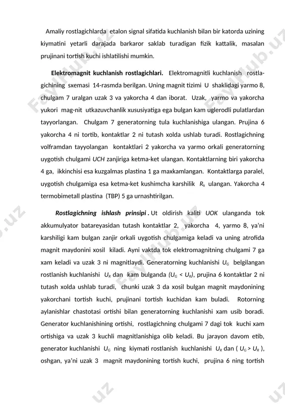 kiymati atrofida uzgaradi (14b-rasm). , agar kontaktlarning tutashish-uzilish chastotasi bir sekundda 30 martadan kam bulmasa, kuchlanishning tebranishi amalda sezilmaydi va u belgilangan uzgarmas kiymatga ega, degan tasavvur xosil kilsa buladi. generator kuchlanishining urtacha kiymati uurt ni kontaktlarni uzilish sharti, ya’ni uzakning magnit kuchi fm bilan, prujinaning tortish kuchi fpr larning tengligi asosida aniklash mumkin: fm = fpr , (8) uzakning magnit tortish kuchi fm = s1 f2 bu yerda, s1-proporsionallik koeffitsiyenti, f-rostlagich uzagidagi magnit okimi. magnit zanjiriga taalukli om konuniga kura bu yerda, - rostlagich chulgamining uzakni magnitlovchi magnityurgizuvchi kuchi , rm = s2 ( rostlagich uzagi va yakorcha orasidagi tirkish ( ga proporsional bulgan magnit karshilik, s2 proporsionallik koeffitsiyenti. demak, ; belgilash kiritib, rostlagichning asosiy tenglamasini kuyidagi kurinishga keltiramiz : , (9) yukorida aytilgandek, rostlagich chulgami generatorga paralel ulangan va unga generatorning rostlanayotgan kuchlanishi uzatiladi. demak, rostlagich chulgamininng magnit yurgizuvchi kuchi , bu yerda, io - chulgamdan utayotgan tok …
