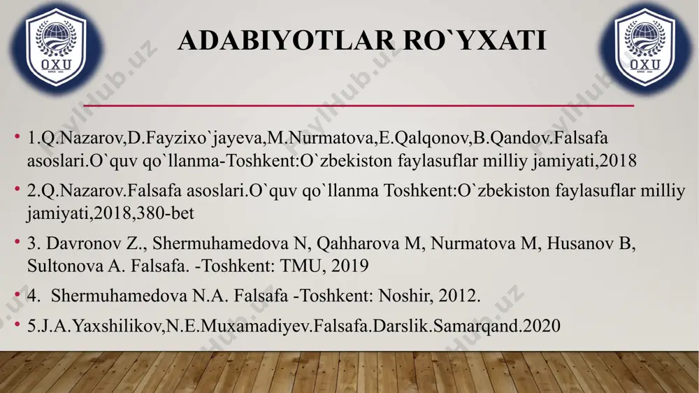 shg`ul bo`ldilar. bobur mirzoning xabar berishicha, o`sha davrda samarqand eng go`zal shahar edi. jahon madaniyati ravnaqiga ulkan hissa qo`shgan siymolardan biri, ulug` o`zbek shoiri va mutafakkiri nizomiddin mir alisher navoiy (1441-1501). u temuriylar xonadoniga taaluqli bo`lib, otasi g`iyosiddin kichkina shahrisabzdan qobulga borib qolgan barlos beklaridan edi. navoiy hirotda husain boyqaro saroyida turli lavozimlarda ishladi, dastlab muhrdor, so’ng vazir etib tayinlandi. shoir mamlakat obodonchiligi ravnaqi va osoyishtaligi yo`lida ko`p ishlar qildi. maktab, madrasa, masjid va xonaqolar, ko`prik, rabotlar, shifoxonalar qurdirdi, muhtoj va kambag`allarga yordam berdi, olimu shoirlarga homiylik qildi. alisher navoiy falsafasi sharq falsafasi shoir ijtimoiy-falsafiy qarashlarining muhim xususiyati shundan iboratki, unda falsafiy fikrlar majoziy tarzda, badiiy o’xshatish va ramziy iboralar yordamida zohiriy va botiniy ma`nolarda bayon qilinadi. navoiyning ijodiy merosida insonparvarlik va komil inson g`oyasi muhim o`rinni egallaydi - shoirning «xamsa»siga kirgan «farhod va shirin», «layli va majnun», «saddi iskandariy» kabi dostonlarining asosiy qahramonlari iskandar, farhod, shirin, layli, majnun va …