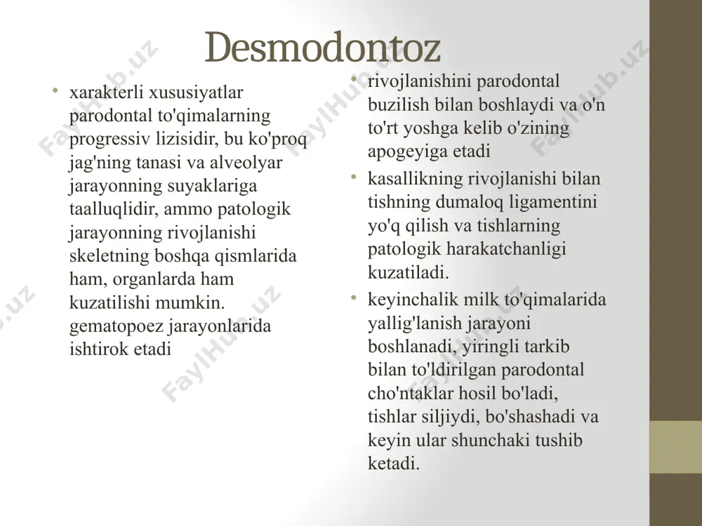 likda suyak va limfa tizimlarining umumiy shikastlanishi. eozinofil granulyoma gistotsitoz x ning birinchi shakli eozinofil granulyoma-lokalizatsiyalangan retikulo-gistiotsitoz bo'lib, skelet suyaklaridan birida destruktiv o'zgarishlar bilan birga keladi. patologik jarayon surunkali rivojlanadi, prognoz- yaxshi. eozinofil granulyoma og'iz bo'shlig'ida (ko'pincha premolarlar va molarlar hududida) gingival papillalarning shishishi va siyanozi paydo bo'ladi, ular tez orada gipertrofiyalanadi, tishlar bo'shashadi, o'rnini o'zgartiradi. tez rivojlanayotgan abtsess shakllanishi, yumshoq to'qimalarning shishishi, ba'zida yarali stomatitda bo'lgani kabi oshqozon yarasi. chuqur suyak parodontal cho'ntaklar paydo bo'ladi, undan yiring, og'izdan yomon hid chiqariladi. alveolyar jarayondagi rentgenogrammalarda aniq konturli oval yoki yumaloq kista nuqsonlari mavjudligi bilan suyak to'qimasini yo'q qilishning vertikal tabiati aniqlanadi. tishlarni olib tashlash patologik jarayonni to'xtatmaydi. jag'lardan tashqari, bosh suyagi kabi boshqa suyaklar ham ta'sir qilishi mumkin, bu esa doimiy bosh og'rig'iga olib keladi. gistologik tekshiruvda retikulyar hujayralar maydonlari aniqlanadi, ular orasida ko'p sonli eozinofiller mavjud. periferik qonda - eozinofillar sonining ko'payishi, esr tezlashishi. eozinofil granulyoma 2 va 3-shakllarda …