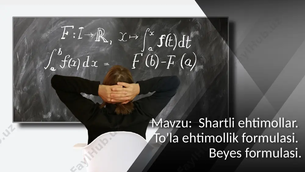 b2)pb2(a)+.....+r(bn)pbn(a) (**) bu еrda p(b1)+p(b2)+....+p(bn)=1 (**) tеnglik «to’la ehtimol formulasi» dеyiladi. this presentation uses a free template provided by fppt.com www.free-power-point-templates.com bayеs formulasi. a hodisa, hodisalarning to’la gruppasini tashkil etadigan, juft-jufti bilan birgalikda bo’lmagan, b1, b2, ....., bn hodisalarning (gipotеzlarning) biri ro’y bеrgandagina ro’y bеrishi mumkin bo’lsin. agar a hodisa ro’ bеrgan bo’lsa, u holda hodisalraning ehtimollarini ushbu bayеs formulalari bo’yicha qayta baholash mumkin. pa(bi)=p(bi)pbi(a)/p(a); i=1,2,......,n bu yеrda p(a)=p(b1)pb1(a)p(b2)pb2(a)+… +p(bn)pbn(a) this presentation uses a free template provided by fppt.com www.free-power-point-templates.com misol №1 davlatimizdan armiya safiga chaqiriluvchi o’smirlardan 50% i 1-viloyatdan, 30% i 2- viloyatdan va 20% 3-viloyatdan to’plandi. 1-viloyatdan har 100 o’smirdan 10 tasi, 2-viloyatdan esa 15 tasi va 3-viloyatdan 20 tasi qandaydir kasallik bilan kasallangan bo’lsin. armiya safiga chaqirilgan o’smirlardan ixtiyoriy biri tibbiy ko’rikdan o’tkazilganda sog’lom ekanligi aniqlandi. shu o’smirning 1-viloyatdan bo’lish ehtimoli topilsin. this presentation uses a free template provided by fppt.com www.free-power-point-templates.com yechim a-o’smirning sog’lom bo’lish hodisasi …
