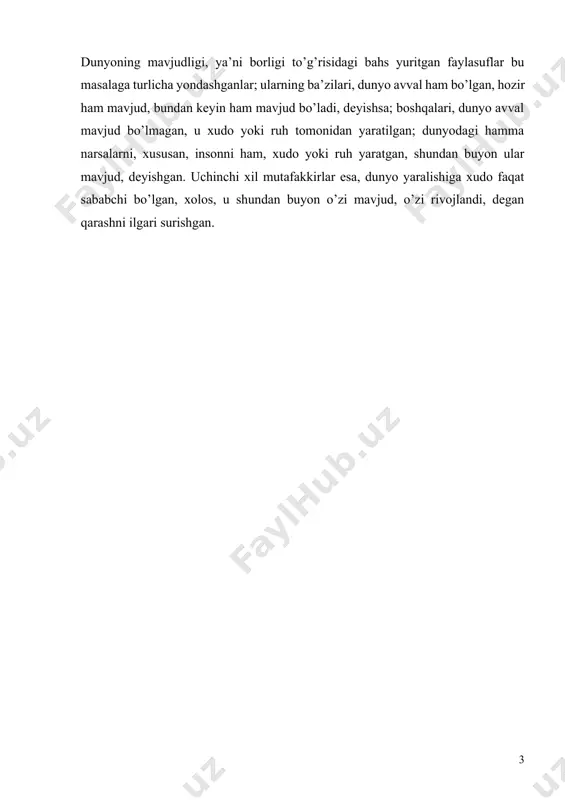dalanib, muhokama qilinib kelingan. bu muhokamalarning hammasi pirovard oqibatda borliq muammosiga borib taqalavergan. ularning barchasining mantiqiy xulosasi shuki, dunyo doimiy, abadiydir. ammo shu abadiy dunyodagi barcha narsalar, turli-tuman jonsiz va jonli organizmlar, insonlar va ularning faoliyati hatto, bir butun jamiyat ham, shubhasiz, vaqtincha, o’tkinchidir. demak, borliq abadiy, ammo undagi barcha narsalar o’zgarishda va rivojlanishda; bir xolatdan ikkinchi xolatga, bir turdan ikkinchi turga o’tishda, chunki ular bordan yo’q, yo’qdan bor bo’lmaydi. borliq muammosining butun ildizi, ma’nosi va mazmuni shundaki, bir butunlik sifatidagi borliqning doimiy mavjudligi va uni tashkil etgan narsalarning: tabiat, insonlar, jamiyat va ularning faoliyatlarining o’tkinchiligi ziddiyatli birlikni tashkil qiladi. bundan shu narsa ma’lum bo’ladiki, borliq muammosini falsafada o’rganish dunyo “hozir, shu yerda mavjud” degan qarashdan boshlanib, bu qarashlarbir butun dunyoning cheksiz va doimiy mavjudligi, uning ham, vaqtinchaligi va o’tkinchiligi to’g’risidagi qarashlarga tomon rivojlanib borgan, bu borliq to’g’risidagi falsafiy muammoning birinchi tomonidir. borliq muammosining falsafiy tahlili shuni ko’rsatadiki, dunyo bir …