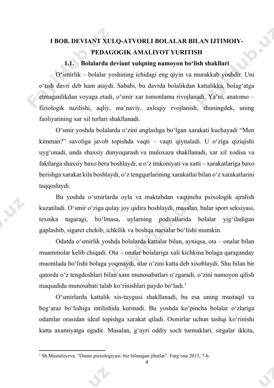 port seksiyasi, texnika tugaragi, bo‘lmasa, uylarning podvallarida bolalar yig‘iladigan gaplashib, sigaret chekib, ichkilik va boshqa narsalar bo‘lishi mumkin. odatda o‘smirlik yoshda bolalarda kattalar bilan, ayniqsa, ota – onalar bilan muammolar kelib chiqadi. ota – onalar bolalariga xali kichkina bolaga qaraganday muomlada bo‘lishi bolaga yoqmaydi, ular o‘zini katta deb xisoblaydi. shu bilan bir qatorda o‘z tengdoshlari bilan xam munosabatlari o‘zgaradi, o‘zini namoyon qilish maqsadida munosabati talab ko‘rinishlari paydo bo‘ladi.[footnoteref:5] [5: sh.mustafoyeva. “osmir psixologiyasi: biz bilmagan jihatlar”. fargʻona 2015, 7-b.] o‘smirlarda kattalik xis-tuygusi shakllanadi, bu esa uning mustaqil va beg‘araz bo‘lishiga intilishida kurinadi. bu yoshda ko‘pincha bolalar o‘zlariga odamlar orasidan ideal topishga xarakat qiladi. osmirlar uchun tashqi ko‘rinishi katta axamiyatga egadir. masalan, g‘ayri oddiy soch turmaklari, sirgalar ikkita, uchta bo‘lishi xam mumkin. lab bo‘yoqlari va boshqada shu kabi narsalar o‘smirlarni boshqalardan ajratib turishga sharoit yaratadi. buning xammasi emotsional iroda doirasining o‘zgarishi natijasida vujudga keladi. o‘smirlarda o‘zini – o‘zi nazorat qila olishi, o‘zining …
