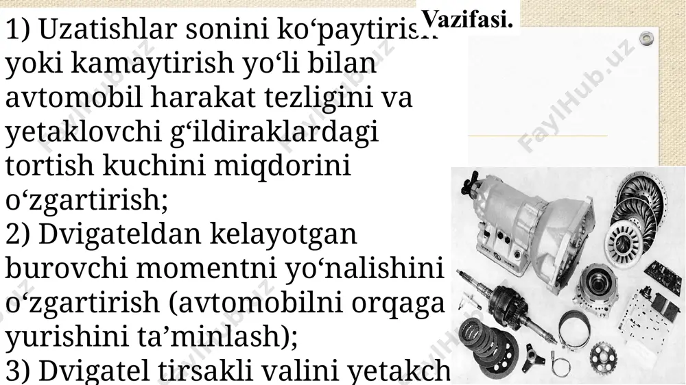 a uning miqdori 2 marotaba oshadi, chunki uzatishlar soni uq2 ga teng, lekin ikkinchi valning aylanishlar soni 2 marotaba birinchi valning aylanishlar soniga nisbatan kamayadi. avtomatik uzatmalar qutisi eng oddiy gidromexanik planetar avtomat uzatmaning dizayni (masalan, uvmv-čzm-нами): avtomat uzatma korpusi, momentni oʻzgartiruvchi qismlar, vallar va planetar uzatmalar, planetar tishli boshqaruv elementlari (disk debriyajlari va tasmali tormozlari), image5.jpg image6.emf image7.emf image8.jpg image9.jpg image10.emf image11.jpg image3.png /docprops/thumbnail.jpeg