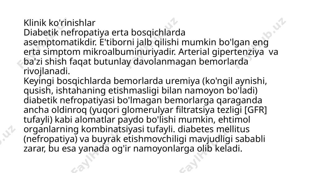 n keyin har yili tekshirilishi kerak. prognoz to'g'ri davolash va monitoring bilan prognoz qulaydir. amalda bunday yordam ko'pincha qiyin kechadi va ko'pchilik bemorlarda buyraklar faoliyati asta-sekin yomonlashadi; hatto prehipertenziya (qon bosimi 120-139 / 80-89 mmhg) yoki 1-bosqich gipertenziya (qon bosimi 140-159 / 90-99 mmhg) zarar rivojlanishini tezlashtirishi mumkin davolash glikatlangan gemoglobin (hba1c) darajasini ≤ 7,0 darajasida saqlang angiotensin inhibitörleri bilan boshlangan qon bosimini agressiv nazorat qilish qon glyukoza darajasini kuzatish birinchi darajali davolash hba1c ≤ 7,0 ni ushlab turish uchun qattiq glyukoza nazoratini o'z ichiga oladi; oddiy glisemik darajani saqlab turish mikroalbuminuriyani kamaytiradi, ammo diabetik nefropatiya boshlanganidan keyin uning rivojlanishini kechiktirmasligi mumkin. qon bosimini nazorat qilish glyukoza nazorati, shuningdek, qon bosimini 130/80 mmhg dan yuqori bo'lgan qattiq nazorat bilan birlashtirilishi kerak . art., va ba'zi mutaxassislar endi qon bosimini tavsiya qiladi 1 g / kun bo'lgan bemorlarda ; biroq, boshqalar qon bosimi qiymatlari 22 meq/l (22 mmol/l) ushlab turish uchun …