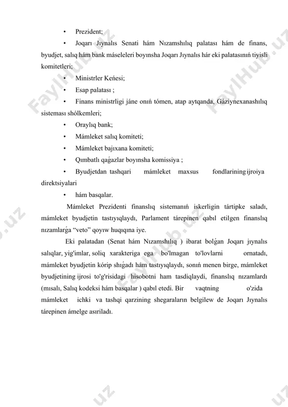esurslardan nátiyjeli hám de aqılǵa say paydalanıw ústinen qadaǵalawdı ámelge asırıwı kerek. áne sol wazıypanı orınlaw finanslıq basqarıwdıń moynına júkletilgen. finanslıq basqarıw quramalı process bolıp, basqa - riladigan (ob'ektler) hám basqarıwshı (sub'yektlar) sistema -larning birden-birliginen ibarat esaplanadi. basqarıwshı sistema, bul jerde finanslıq institutlardıń (shólkemlerdiń) kompleksinen (kompleksinen) ibarat bolǵan finanslıq sistemanı názerde tutsa, basqarılatuǵın sistema bolsa pul munasábetleri kompleksinen (kompleksinen) ibarat bolǵan finanslıq sistemanı óz ishine aladı. bunda finanslıq basqarıw procesi birdey tárzde bolmaydıden, ol bir tárepden, tek ob'ektlerdi basqarıwdı emes, bálki ekinshi tárepden, basqarıw sub'yektlarini shólkemlestiriwdi hám olar iskerligin jetilistiriwdi de óz ishine aladı. finanslıq basqarıwdıń ob'yekti retinde finanslıq munasábetlerdiń túrli kórinisleri, sonday-aq, mámlekettiń social dúzilisi, mámleket degi siyasiy kúshlerdiń poziciyasi (qatnası ) hám qayta bólistiriw processlerine tásir kórsetetuǵın basqa faktorlar menen belgilenetuǵın ayriqsha bolǵan finanslıq munasábetler maydanǵa shıǵadı. mámleket finansı, jergilikli finans hám xojalıq jurgiziwshi sub'yektlar finansında finanslıq basqa -ruvning sub'yekti bolıp finanslıq apparat dep atalıwshi arnawlı xızmetler esaplanadı. …