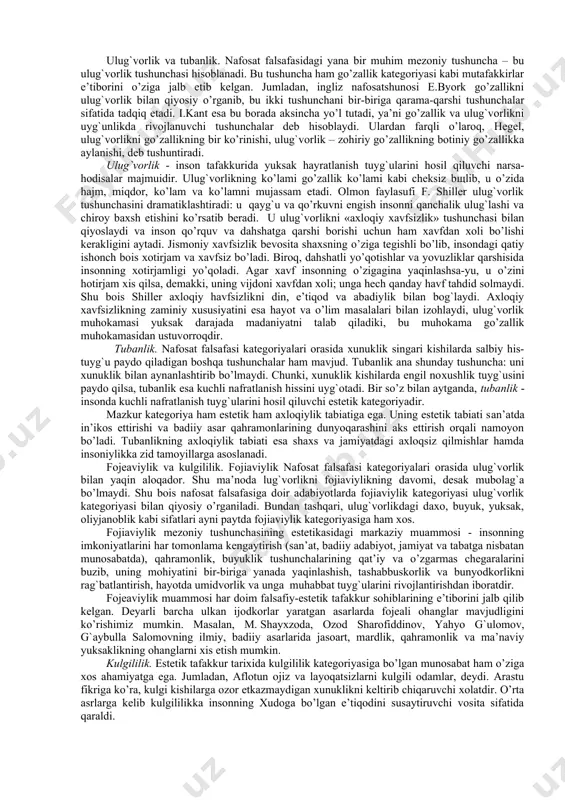 mujassam qilgan san’at asari o’sha axborotni yetkazib berishga ham mo’ljallangan. ana shu san’atning belgi bilan bog`liq tomonini, kommunikativ-vositachilik jihatini semiotika o’rganadi. dunyoni estetik his qilishga mifologik, diniy, ilmiy va falsafiy yondashuvlar inson tabiatan bo`sh vaqtga intilib yashaydi. chunki bo`sh vaqt mobaynida u jisman va ruhan dam olish, kundalik mehnat, qorin to`ydirish tashvishidan forig` bo`lish imkoniga ega. bo`sh vaqt insonda o`yin hissi uyg`onishining asosiy omilidir. san`atning vujudga kelishida o`yinning ahamiyati katta ekanligi hammaga ma`lum. demak, estetik anglash va estetik faoliyatning tadrijiy rivojida mehnat bilan birga bo`sh vaqt ham asosiy omil hisoblanadi. ichki osoyishtalikni, mehnat va bo`sh vaqtga asoslangan muayyan tartibni jamiyatda qonun darajasiga ko`tarish esa, davlat paydo bo`lganda ro`y berishi mumkin. davlatning o`z vazifasini qanchalik adolatli va mukammal bajarishi, shunchalik jamiyat farovonligiga olib keladi. farovon jamiyat esa, o`z a`zolarining bo`sh vaqtini ta`minlay oladi va pirovard natijada, estetik anglash hamda estetik faoliyat taraqqiyoti uchun yetarli imkoniyat yaratib beradi. shunday qilib, davlatchilik tizimi …