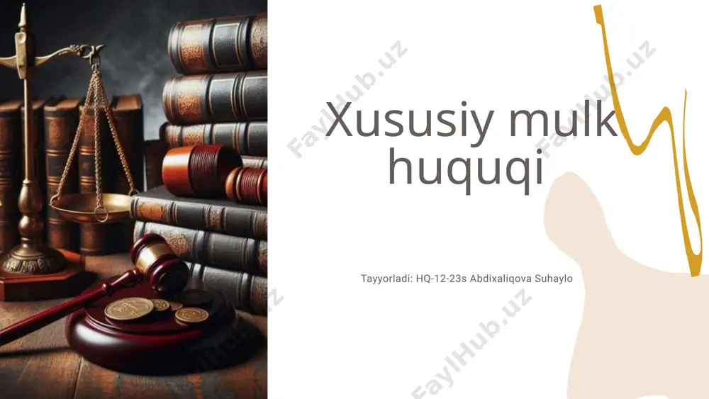 r qanday buzilishlarini, ular kim tomonidan sodir etilishidan qat’i nazar, bartaraf qilishni talab etishga haqlidirlar. xususiy mulk subyekti sifatida har qaysi fuqaro, ham shaxsiy tarzda, ham umumiy ulushli mulk asoslarida xususiy mulk subyekti sifatida faoliyat ko’rsatishi mumkin. tadbirkorlik faoliyatining subyektlari o’zlari ishlab chiqargan mahsulotning (bajargan ishlarning, xizmatlarning) va ularni sotishdan olinadigan daromadlarning (foydaning) mulkdorlaridir. obyektlari: fuqarolar xususiy mulki huquqining obyektlari deb yer uchastkalari, turar joy uylari, xonadonlar, dala hovlilar, garajlar, uy-ro’zg’or ashyolari, shaxsiy iste’mol ashyolari, pul mablag’lari, qimmatli qog’ozlar va shuningdek, korxonalar hamda ishlab chiqarish uchun mo’ljallangan boshqa xil mulkiy majmualar, binolar, inshootlar, transport vositalari, ishlab chiqarishning boshqa vositalari tan olinadi. mol-mulkning miqdori va qiymati, agarda u mulk sifatida qonunga yoki shartnomaga muvofiq olingan bo’lsa, cheklanmaydi. xususiy mulk huquqining himoya qilish kafolatlari: “xususiy mulkni himoya qilish va mulkdor huquqlarining kafolatlari to’g’risida”gi qonunida "xususiy mulk davlat himoyasidaligi", davlat xususiy mulkning but saqlanishini ta’minlash va uning ko’paytirilishi uchun barcha zarur sharoitlarni yaratishi”, …