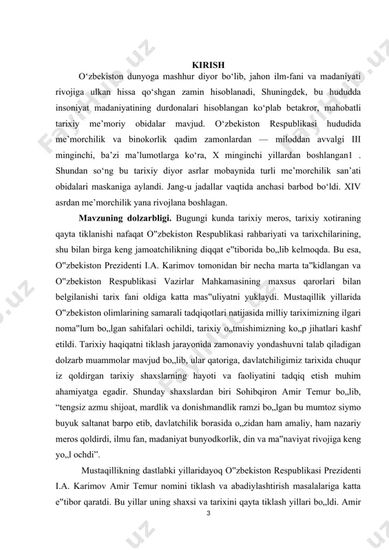 qiladigan dolzarb muammolar mavjud bo„lib, ular qatoriga, davlatchiligimiz tarixida chuqur iz qoldirgan tarixiy shaxslarning hayoti va faoliyatini tadqiq etish muhim ahamiyatga egadir. shunday shaxslardan biri sohibqiron amir temur bo„lib, “tengsiz azmu shijoat, mardlik va donishmandlik ramzi bo„lgan bu mumtoz siymo buyuk saltanat barpo etib, davlatchilik borasida o„zidan ham amaliy, ham nazariy meros qoldirdi, ilmu fan, madaniyat bunyodkorlik, din va ma‟naviyat rivojiga keng yo„l ochdi”. mustaqillikning dastlabki yillaridayoq o‟zbekiston respublikasi prezidenti i.a. karimov amir temur nomini tiklash va abadiylashtirish masalalariga katta e‟tibor qaratdi. bu yillar uning shaxsi va tarixini qayta tiklash yillari bo„ldi. amir temur tavalludining 660 yilligini nishonlash va 1996 yilni “amir temur yili” deb e‟lon qilish to„g„risida, “temuriylar tarixi” davlat muzeyini tashkil etish to„g„risida”, “amir temur ordenini ta‟sis etish to„g„risida” kabi qator farmon va qarorlar, hamda ularning ijrosi muhim tarixiy voqea bo„lib, ushbu mavzuni davlat miqyosida ko„tarilishi uning yanada dolzarbligini ko„rsatadi. dunyo ilmiy jamoatchiligining amir temur shaxsiga bo„lgan e‟tiborini …