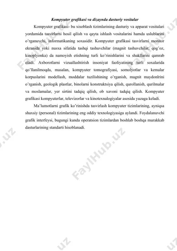 b chiqiladi. rastrli grafikada tasvirlar to’r shaklida joylashgan vann piksel deb, nomlanuvchi nuqtalardan hosil qilinadi. rastrli grafikada chiziqlar emas, piksellarning rastr ko’rinishi o’zgaradi. rastrli grafika ekran sirt birligidagi ruxsat etilgan nuqtalar (piksellar) soni bilan xarakterlanadi, ya’ni bunda tasvir ko’p sondagi rangli nuqtalarning jamlanmasidan iborat bo’lib, agar nuqtalar qancha ko’p bo’lsa vizual tasvir shuncha sifatli bo’ladi va tasvir hajmi shuncha katta bo’ladi. rasterli namoyish etish odatda fotografik tasvirlarni namoyish etganda ko’p sonli detallar va ranglardan foydalanadi. ruxsat etilganlik bir dyuym yuzasidagi joylashgan nuqtalar soni bilan o’lchanadi (dpi). bundan tashqarii tasvir sifati, nuqtaning qabul qilishi mumkin bo’lgan ranglari soni bilan ham xarakterlanadi. rastrli tasvirlar uchun, uzunlik birligidagi nuqtalar sonini ifodalaovchi ruxsat etilganlik 3 turga ega: 1-original ruxsat etilganligi; 2-ekrandagi tasvir ruxsat etilganligi; 3-chop etiluvchi tasvir ruxsat etilganligi. original ruxsat etilganligi dyuymdagi nuqtalar soni bilan aniqlanadi (dots perinch-dpi) va tasvir sifatiga qo’yilgan talabga, fayl o’lchamiga, kiruvchi illyustratsiyani raqamlashtirish usuliga va fayl faoliyatiga bog’liq. …