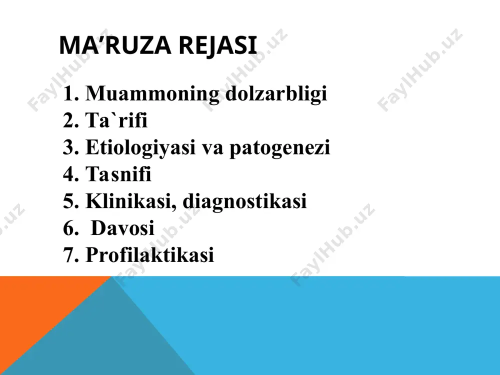 sorati bo’lib, streptokokk epitoplariga autoimmun javob va inson organizmidagi teri, bo’g’im, yurak, bosh miya kabi to’qimalarining o’xshash epitoplariga kesishgan reaktivlik rivojlanishi bilan xarakterlanadi. etiologiya a guruhidagi β-gemolitik streptokokk - ri rivojlanishi bilan yakunlanadigan zararlanishning eng ko’p uchraydigan sabablaridan biri. ri rivojlanishi shartlari – burun-xalqum infeksiyasi va uning yetarlicha samarali davolanmasligi o’tkir streptokokkli infeksiya o’tkazganlarning 0,3-3% ri bilan kasallanadi ri streptokokkli infeksiya natijasida rivojlanishi gipotezasini 1935 yilda taniqli terapevt, akademik n.d. strajesko ilgari surgan: «revmatizm – bu sezuvchanligi yuqori bo’lgan organizmdagi sepsisdir. bunda immunologik reaktivlikning oshishi muhim rol o’ynaydi. agar o’tkir revmatizm rivojlanishida streptokokkli infeksiya muhim rol o’ynasa, revmatizm surunkali kechishga o’tishidagi muhim omil – bu yurak miokard va endokard qavatlariga nisbatan antitanalar hosil bo’lishining kuchayishidir, bu esa nafaqat yurak zararlanishiga, balki asoratlar rivojlanishiga ham olib keladi». β-gemolitik streptokokk tomir vegetasiyalar fibrinoz perikardit angina o`tkir revmatik isitma β-gemolitik streptokokk limfa tugunlari в limfosit ashof tanachalari streptokokka qarshi antitanalar kesishgan reaksiyalar patogenez …