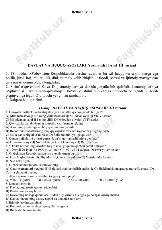 mumtoz siymo” deya ta’rif beradilar. a.alisher navoiyga b.amir temurga. c.abu nosir farobiyga d.abu ali ibn sinoga. 9.javoblar orasidan cheklangan monarxiyaga misol bo’ladigan davlatni toping? a.irlandiya. b.meksika c.daniya d.portugaliya. 10.ijtimoiy hayotda fikrlar xilma-xilligi nima deyiladi? a.nulifikatsiya b.pluralizm. c.muxolifat d.liberallashtirish. 11.davlat boshqarishini amalga oshirish maxsus idoralar tomonidan amalga oshiriladi bu idoralar huquqshunoslik fanida…………….deyiladi? a.davlat organlari. b.davlat mexanizmi. c.davlat tuzilish shakllari. d.davlatning shakllari 12.o’zbekiston respublikasi huquq-tartibot va xavfsizlikni ta’minlash bo’yicha yetakchi besh mamlakat qatoridan o’rin olganligi ma’lum.o’zbekiston davlatidan oldinda turuvchi ikki davlatni ko’rsating? a. daniya,yaponiya. b.singapur, gankong. c.yaponiya,singapur d.daniya, gankong 13. ajnabiy fuqaro yoki fuqaroligi bo`lmagan bola farzandlikka olingan taqdirda: a. ajnabiy fuqaroligicha qoladi; b. o`zbekiston respublikasi fuqarosi bo`ladi; c. voyaga yetganidan so`ng fuqarolik beriladi; d. xalqaro shartnoma qo`llaniladi. 14. o'zbekiston respublikasi oliy majlisi senati qarorlarini kim imzolaydi? a. spiker b. qonunchilik palatasi raisi c. senat raisi d. prezident 15. aqli raso jismoniy shaxslar necha yoshdan boshlab har qanday jinoyatlari uchun javob beradilar? …