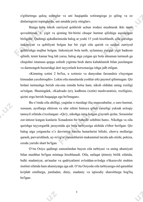 ini ham». nikohga va oila qurishga tayyorgarlik jarayonida qiz bola tarbiyasiga alohida e'tibor berilgan. qiz balog atga yetguncha o’z davrining barcha hunarlarini bilishi, chorva mollariga qarash, parvarishlash, uy-ro'zg'or yumushlarini mukammal tarzda ado etishi, pokiza, ozoda yurishi shart bo'lgan. oʻrta osiyo qadimgi zamonlardan buyon oila tarbiyasi va uning ahamiyati bilan mashhur bo'lgan mintaqa hisoblanadi. oila, nafaqat ijtimoiy birlik sifatida, balki madaniyat, an'analar va qadriyatlarni avloddan-avlodga o'tkazuvchi muhim institut sifatida ham ahamiyatga ega edi. oʻrta osiyoda oila tarbiyasiga oid qarashlar ko'plab omillarga, jumladan, diniy, madaniy va iqtisodiy sharoitlarga bog'liq bo'lgan. qadimgi oʻrta osiyo jamiyatida oila asosiy ijtimoiy birlik sifatida qaralgan. oila a'zolari o'rtasidagi munosabatlar, hurmat va mehr-muhabbat asosida qurilgan. oila tarbiyasi ko'plab an'anaviy qadriyatlar va odatlarni o'z ichiga olgan. masalan, oilada katta avlodning hurmat qilinishi, yosh avlodning esa kattalardan saboq olishga intilishi muhim ahamiyatga ega edi. bu jarayon orqali yosh avlodga hayotiy tajribalar, axloqiy me'yorlar va madaniy qadriyatlar o'tkazilgan. oila tarbiyasida ko'plab …