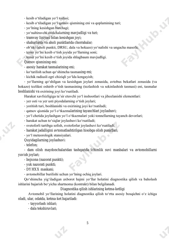 nchalar, ularnig asosiy ko„rsatkichlari va me‟yoriy talablarga muvofiqligi; - yo„lning harakat qismining qo„shimcha yo„llari va piyoda o„tishi-tez harakat yo„llari, ularning asosiy ko„rsatkichlari. yo„l bo„ylab harakatning tavsifi: user маркер 4 - o„ziga xos yo„l kesimlarida harakatning jadalligi va uning oxirgi 3­5 yil davomida o„zgarishining dinamikasi; - transport oqimining tarkibi va uning o„zgarishining dinamikasi, bunda yengil va turli darajali yuk ko„taruvchi yuk avtomobillari, avtobuslar, boshqa transport vositalarining ulushi ajratib ko„rsatiladi; - oxirgi 3­5 yil davomida yo„l-transport hodisalari yuzasidan ma‟lumotlar, kilometrajga bog„liq holda hamda yo„l sharoitlari bo„yicha hodisalar soni ajratib ko„rsatiladi. turli boshqaruv vazifalari uchun asosiy boshlang„ich axborot va umumiy avtomatlashtirilgan yo„l ma‟lumotlari bazasi tizimini (quyida-yo„l ma‟lumot bazasi) shakllantirishdan tashqari, diagnostika qilishda qo„shimcha axborot yig„ish mumkin, xususan: umumiy axborot: - yo„l va yo„l inshootlarining balans qiymati va eskirishi; - foydalanish davrida yo„lni ta‟mirlashning joyi, muddatlari, hajmlari, turlari va qiymati; - chetga chiqarish yo„lining kengligi va egallagan yer maydoni; - suvni chetga chiqarish tizimi …