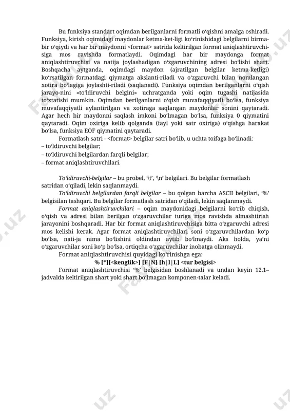 turiga mos ravishda almashtirish jarayonini boshqaradi. har bir format aniqlashtiruvchisiga bitta o‘zgaruvchi adresi mos kelishi kerak. agar format aniqlashtiruvchilari soni o‘zgaruvchilardan ko‘p bo‘lsa, nati-ja nima bo‘lishini oldindan aytib bo‘lmaydi. aks holda, ya’ni o‘zgaruvchilar soni ko‘p bo‘lsa, ortiqcha o‘zgaruvchilar inobatga olinmaydi. format aniqlashtiruvchisi quyidagi ko‘rinishga ega: % [*][ ] [f|n] [h|l|l] format aniqlashtiruvchisi ‘%’ belgisidan boshlanadi va undan keyin 12.1–jadvalda keltirilgan shart yoki shart bo‘lmagan komponen-talar keladi. fayldan o‘qish-yozish funksiyalari fayl oqimi bilan o‘qish-yozish amalini bajarish uchun fayl oqimini ochish zarur. bu ishni, prototipi file * fopen(const char* filename, const char *mode); ko‘rinishida aniqlangan fopen() funksiyasi orqali amalga oshiri-ladi. funksiya filename nomi bilan faylni ochadi, u bilan oqimni bog‘laydi va oqimni identifikatsiya qiluvchi ko‘rsatkichni javob tariqasida qaytaradi. faylni ochish muvaffaqiyatsiz bo‘lganligini fopen() funksiyasining null qiymatli javobi bildiradi. parametrlar ro‘yxatidagi ikkinchi - mode parametri faylni ochish rejimini aniqlaydi. u qabul qilishi mumkin bo‘lgan qiymat-lar 12.5- jadvalda keltirilgan. matn fayli ochilayotganligini bildirish uchun …