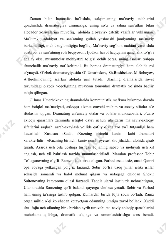 ning o`g`li ramz oilada erka o`sgan. farhod esa otasiz, onasi qumri opa voyaga yetkazgan yolg`iz farzand. sobir bo`lsa uzoq yillar ichki ishlar sohasida samarali va halol mehnat qilgan va nafaqaga chiqqan shokir sultonovning kamtorona oilasi farzandi. taqdir ularni institutda uchrashtirgan, ular orasida ramzning qo`li baland, qayerga cho`zsa yetadi. sobir va farhod ham uning ta`siriga tushib qolgan. kunlardan birida fojia sodir bo`ladi. ramz otgan miltiq o`qi ko`chadan ketayetgan odamning umriga zavol bo`ladk. xuddi shu fojia uch oilaning bir - biridan ayrib turuvchi ma`naviy ahloqiy qarashlarini muhokama qilishga, dramatik talqinga va umumlashtirishga asos beradi. pirovardi fojianing zamini ochilib, professor to`laganovning o`gli ramz o`z gunohini bo`yniga olib: «endi qilmayman, dada, - deganida ota o`g`liga qarata: «dard bo`ladi. yaramaslar. itdan tarqaganlar. xuliganlar. banditlar. - deb haqorat qiladi. shunda ramzning onasi barchin opa «endi qilmaydi, dadasi, rahm qiling» deb iltimos qiladi. gazablangan ota jahl ustida oilada gazak olib kelgan ma`naviy-axloqiy nopoklikning sir-asrorini ochib tashlaydi. to`laganov: …