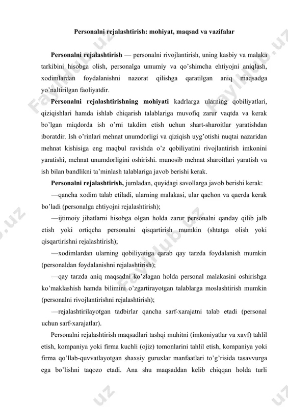 irma kuchli (ojiz) tomonlarini tahlil etish, kompaniya yoki firma qo’llab-quvvatlayotgan shaxsiy guruxlar manfaatlari to’g’risida tasavvurga ega bo’lishni taqozo etadi. ana shu maqsaddan kelib chiqqan holda turli mamlakatlarda rejalashtirishda o’ziga xoslikni farqlash mumkin. jumladan, yaponiya kompaniyalarida yangiliklarni joriy etish mukammalligiga urg’u berilsa, buyuk britaniyada — resurslar taqsimoti, amerika qo’shma shtatlarida esa barcha bo’linmalar strategiyasini birlashtirish hamda resurslar taqsimoti birinchi o’ringa qo’yiladi. personalni rejalashtirishning vazifalari asosan quyidagilardan iborat: · personalni rejalashtirishning tartibini rejalashtirish boshqa turlari bilan muvofiqlashtirgan holda ishlab chiqish; · personalni rejalashtirishni korxona umumiy rejasi bilan bog’lash; · kadrlar xizmatining reja guruhi va korxona reja guruhi o’rtasida samarali o’zaro hamkorlik faoliyatini tashkil etish; · korxona strategiyasini muvaffaqiyatli amalga oshirishga ko’maklashadigan qarorlarni hayotga tadbiq etish; · korxonaga strategik rejalashtirishda kadrlar asosiy muammolari va ehtiyojlarini aniqlashga ko’maklashish; · korxona barcha bo’linmalari o’rtasida personal bo’yicha axborot ayirboshlashni yaxshilash. ushbu maqsad va vazifalar korxonaga kerakli malakaga ega zarur mikdordagi kadrlarni topish hamda saklab turish, o’z …