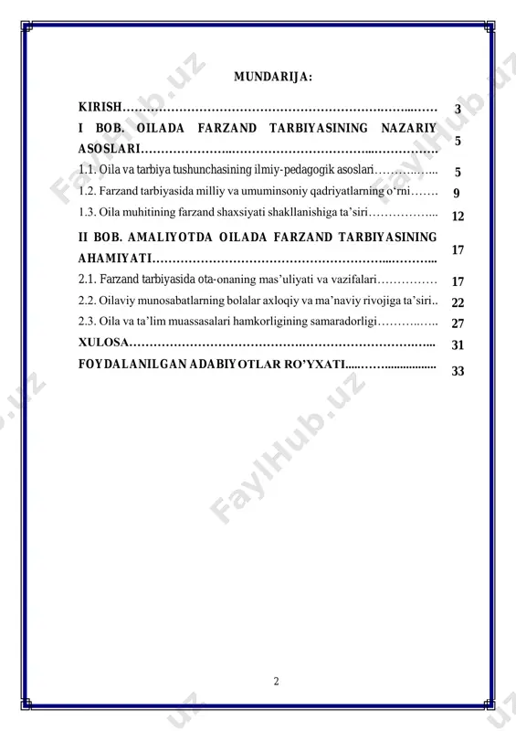 hlaridan biri sifatida qaralmoqda. prezidentimizning yoshlarga oid tashabbuslari, qabul qilinayotgan qonun va qarorlar, shuningdek, oila institutini mustahkamlashga qaratilgan chora- tadbirlar farzand tarbiyasining naqadar dolzarb masala ekanidan dalolat beradi. chunki jamiyatda axloqan yetuk, bilimli, vatanparvar, halol va mehnatsevar shaxslarni shakllantirish eng avvalo oiladan boshlanadi. oila muhitida farzandlar shaxsining shakllanishiga ko‘plab omillar ta’sir ko‘rsatadi. ota-onaning dunyoqarashi, oilaviy munosabatlarning sifati, milliy urf-odatlar, qadriyatlar va ijtimoiy muhit bolaning kamolotida hal qiluvchi rol o‘ynaydi. kurs ishining dolzarbligi - inson hayotida oila muqaddas qadriyat sanalib, uning mustahkamligi va farovonligi jamiyat taraqqiyotining asosi hisoblanadi. ayniqsa, farzand tarbiyasida oilaning o‘rni beqiyos bo‘lib, bola ilk qadamlardan boshlab aynan oila muhitida shakllanadi, ijtimoiy me’yor va qadriyatlarni o‘zlashtiradi. tarixiy tajribalar shuni ko‘rsatadiki, har qanday millatning ma’naviy yuksalishi yoki tanazzuli avvalo oiladagi tarbiya tizimiga bog‘liq bo‘lgan. bugungi globallashuv davrida yoshlarning ongiga begona g‘oyalar kirib kelishi, axborot texnologiyalarining tez sur’atlar bilan rivojlanishi, turli salbiy ta’sirlarning kuchayishi sharoitida oilada farzand tarbiyasiga bo‘lgan e’tibor yanada …