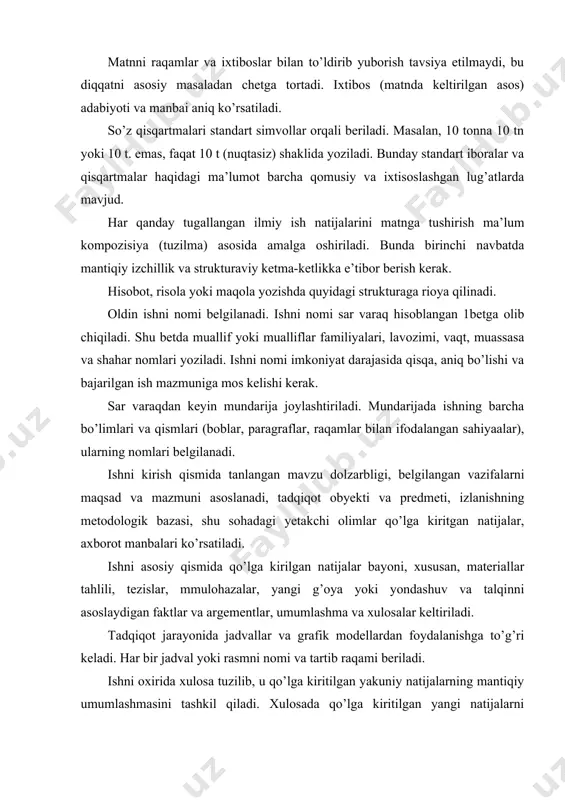 etilishi zarur bo’lgan masalalar va istiqboliy muammolar belgilanadi. ilmiy ish salohiyatini namoyish etadigan belgilardan biri uning bibliografik (adabiyotlardan foydalanish) apparatidir. bibliografik apparatga qarab, muallifning o’rganilayotgan muammo bo’yicha kasbiy malakasi va mahorati xususida ma’lum fikrga kelish mumkin. bibliografik apparatning muhim unsurini foydalanilgan adabiyotlar ro’yxati tashkil qiladi. adabiyotlar ro’yxatini bir nechta turi - mualliflar familiyalari yoki boblar, mavzular, nashrlar tartibi bo’yicha, ish mazmunini xususiyatiga qarab; aralash tuzilmalar va boshqa ko’rinishlarda mavjud . ro’yxatda keltirilgan adabiyotlarni qayd qilish qoidasi: muallif familiyasi, ismi-sharifi, ishni nomi, shahar, nashriyot, nashr etilgan yil, ishni hajmi, agar to’plam bo’lsa, bo’lim hajmi keltiriladi. bajarilgan ish yuzasidan annotasiya va referat tuzishga to’g’ri keladi. annotasiya bajarilgan ishni mazmuni, vazifasi, shakli haqidagi qisqacha ma’lumotdir. annotasiya axborot funksiyasini bajarib, mazkur ishda nima haqida mulohaza yuritilayapti, degan savolga javob beradi. referet ilmiy ishni qisqartirilgan bayonidir. unda faktik ma’lumotlar, mulohazalar va xulosaning qisqacha bayon beriladi. muallif magistrlik yoki doktorlik dissertasiyasiga referat yozsa, unda u avtoreferatga …