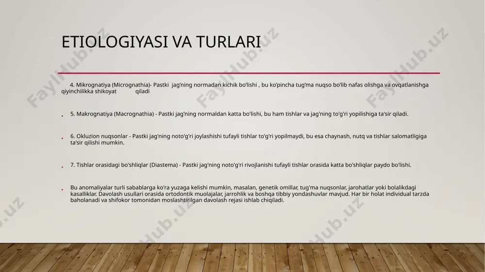 oq qo'llaniladi, chunki ularning suyaklari tez rivojlanadi. 2. jag'ni rekonstruksiya qilish (orthognathic surgery): - bu usul kattalar yoki o'smirlarda qo'llaniladi. - pastki jag' suyagi kesiladi va to'g'ri pozitsiyaga siljitiladi, so'ngra plastinkalar yoki vintlar yordamida mahkamlanadi. - bu jarayon tishlar to'g'ri yopilishiga, yuzning estetik ko'rinishini yaxshilashga va nafas olish funktsiyasini normallashtirishga yordam beradi. makrognatiya pastki jag' makrognatiyasi (mandibular prognathism) - bu pastki jag'ning haddan tashqari katta yoki oldinga chiqib ketganligi bilan tavsiflangan anomaliya. bu holat odatda pastki jag'ning yuqori jag'ga nisbatan haddan tashqari rivojlanganligi yoki noto'g'ri joylashishi natijasida yuzaga keladi. makrognatiya tishlar va jag'ning to'g'ri yopilishiga ta'sir qiladi, bu esa chaynash, nutq va yuzning estetik ko'rinishiga salbiy ta'sir ko'rsatishi mumkin. ### pastki jag' makrognatiyasining asosiy belgilari: 1. pastki jag'ning oldinga chiqishi - pastki jag' yuqori jag'ga nisbatan ancha oldinda joylashgan. 2. tishlar noto'g'ri yopilishi - pastki jag'ning oldinga chiqishi tufayli tishlar to'g'ri yopilmaydi (masalan, oldin tishlarning orqada qolishi). 3. yuzning asimmetrik …