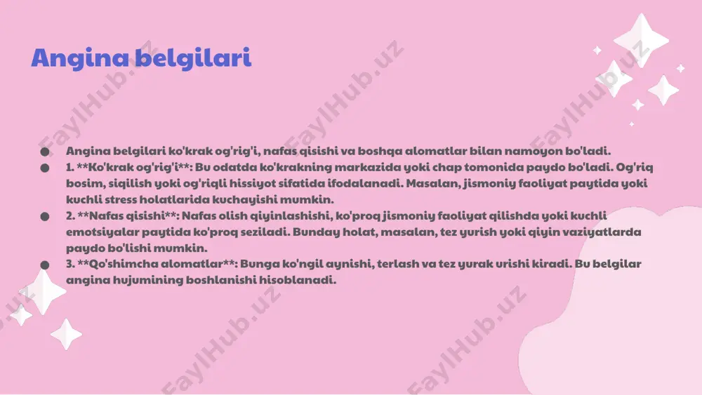 pastik angina esa qon tomirlarining torayishi natijasida paydo bo'ladi. angina belgilari anginaning asosiy belgilari ko'krak og'rig'i, nafas qisishi va charchoqdir. ushbu alomatlar har xil darajada og'irlikda bo'lishi mumkin va jiddiy holatlarning oldini olish uchun tibbiy yordamni talab qiladi. belgilarni aniqlash va ularni boshqarish sog'liqni saqlash uchun muhimdir. anginalarning ta'siri anginalar jismoniy faoliyatga cheklovlar kiritadi va yurak-qon tomir tizimiga salbiy ta'sir ko'rsatadi. statistik ma'lumotlarga ko'ra, angina bilan og'rigan bemorlarning 60% dan ortig'i jismoniy faoliyatda qiyinchiliklarga duch keladi. bunday sharoitda sog'liqni saqlash va profilaktika choralari muhim ahamiyatga ega. e'tiboringiz uchun rahmat! image1.png image2.png image3.png image4.png image5.png image6.png image15.png image7.png image8.png image9.png image10.png image11.png image12.png image13.png image14.png image16.png image17.png image18.png image19.png image20.png image26.png image27.png