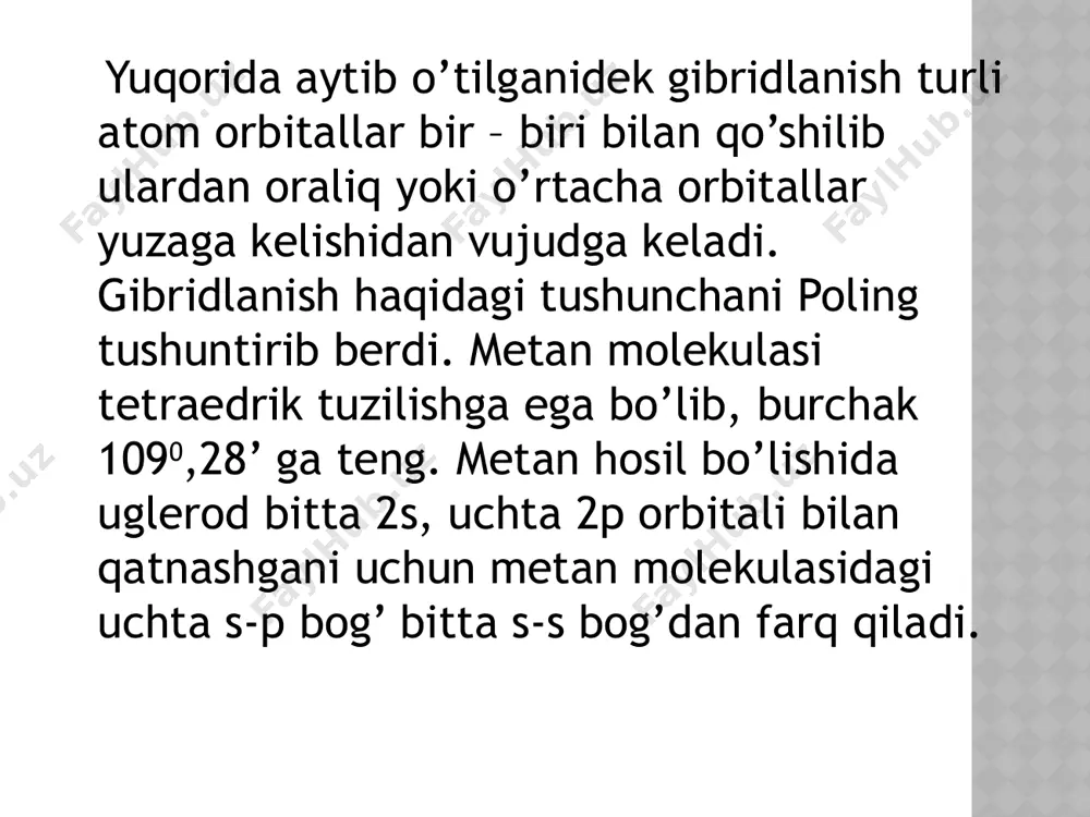 ir bo’ladi. etilen molekulasidagi sigma va pi bog’larning joylashishi trigonal shaklda bo’ladi. etilenda jami beshta sigma bitta pi bog’ mavjud. etilendagi orbitallarning yuqorida ko’rsatilgandek qoplanishiga sigma – pi qoplanish deyiladi. bunday qoplanish modelini xyukkel va penin tavsiya etishgan. etilen molekulasining poling va sleyter taklif qigan boshqacha modeli ham mavjud. bu modelga ko’ra, etilendagi har ikkala bog’ ham bir xil bo’lib, ular birmuncha egilgan oddiy bog’lar deb qaraladi. etilen molekulasini hosil qilishda har ikkala uglerod ham sp2 – gibridlangan bo’ladi. har qaysi uglerod atomidagi uchta gibrid orbitaldan ikkitasi h bilan bog’ hosil qiladi. sigma bog’ning elektron buluti molekulaning ichida pi bog’larning panasida joylashgan. pi bog’ning elektron buluti esa yuzada joylashgan. ana shu sababga ko’ra har qanday tashqi effekt avvalo pi bog’ga ta’sir qiladi. uzilganda ham birinchi bo’lib pi – bog’ uziladi, reaksiya ketganda ham pi – bog’ ishtirok etadi. etilen modelidan yan ashu narsa ko’rinadiki, molekulada c – c bog’lar o’rtasida …