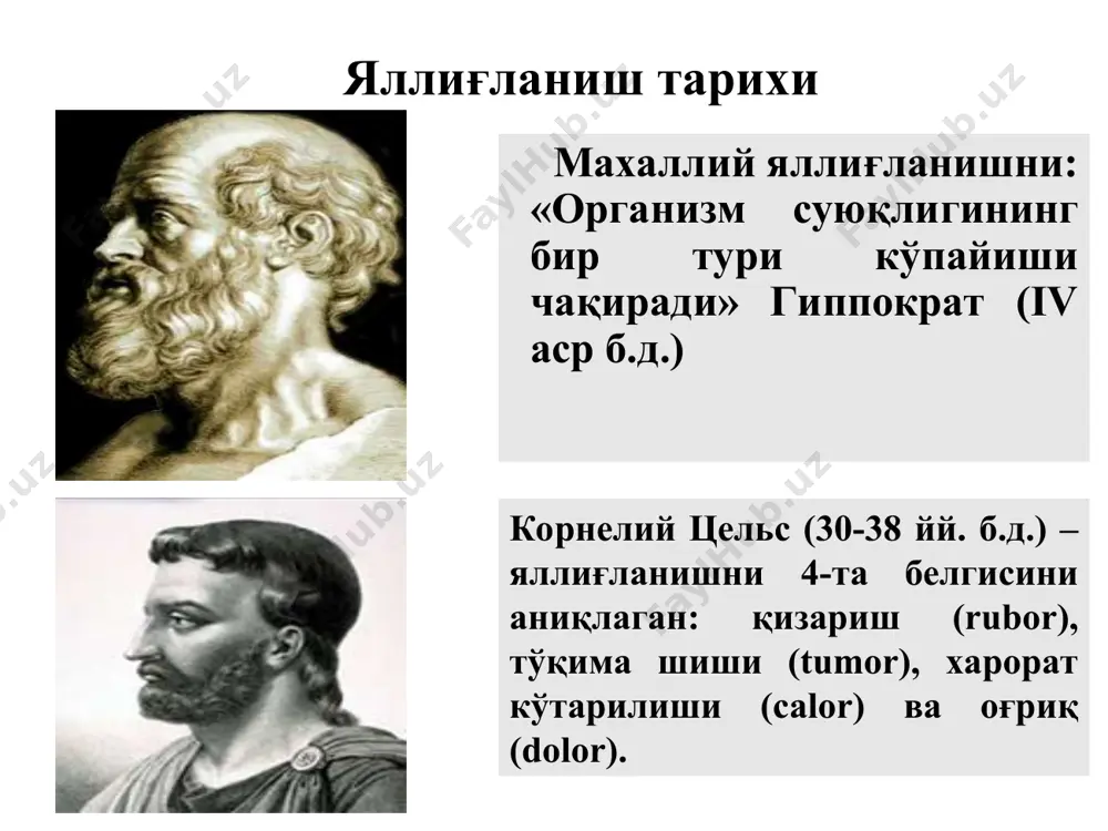 инокислоталар йиғилади. хужайраларнинг парчаланиши натижасида яллиғланган ўчоғда к+, na+, са2+, сl- ионларнинг тўпланиши кузатилади. физик-химик ўзгаришлар тўқималарда оксидловчи жараёнларнинг бузилиши сабабли оксидланган махсулотларни тўпланиши (углевод ва ёғ алмашинувининг бузилиши ), тўқима ацидози ривожланади. электролитлар осмотик босимни оширади (na+ k+ , ca2+). яллиғланган тўқималарда оқсиллар, полипеп-тидлар ва аминокислоталар йиғилади, майда дисперсли коллоидлар сувни тортиши ва ушлаб туриш қобилиятини оширади. гиперонкия ривожланиши-онкотик босимнинг ошиши. яллиғланиш медиаторлари бирламчи ва иккиламчи ўзгаришлар давомида кўплаб биологик фаол моддалар пайдо бўлади, улар яллиғланиш медиаторлари деб айтилади. яллиғланиш медиаторларини ўрганиш тарихи 20-йиллар – гистамин ва бошқа бамларни роли ўрганилган. 50-70 йиллар – фосфор медиаторларининг роли ўрганилган. 80-90 йиллар – пептид воситачиларининг роли ўрганилган (нейропептидлар ва интерлейкинлар). 1989 йилда к. брюнс - глюкокортикоидларни ил лар учун блокаторлиги хамда антифосфолипаза оқсилларни, лимфоцит ва эозинофилларни апоптозда яллиғланишга қарши таъсирини ўрганган. 1987 р. котран - адгезив молекулали оқсилларни лейкоцитларни томир четида туриши, тромблар ҳосил бўлишидаги ролини ўрганган. * яллиғланиш медиаторларининг кўринишлари. …